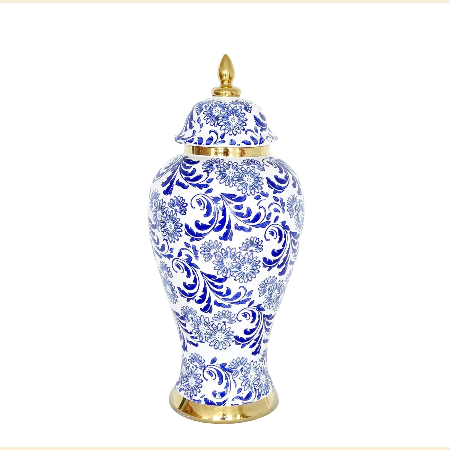 Vase Tabletop White Ceramic Ginger Jar Vase with Blue Gold Accent Home Decor Centerpiece