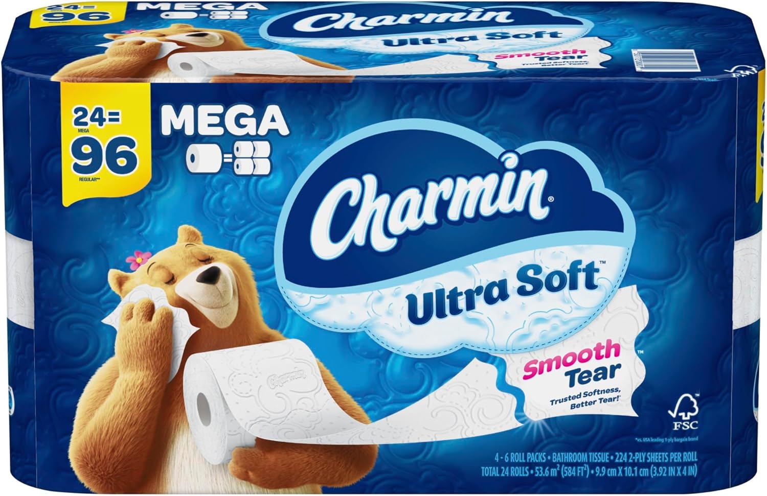 Charmin Ultra Soft Mega Roll Toilet Paper, 4" x 4", White, 224 Sheets Per Roll, Pack