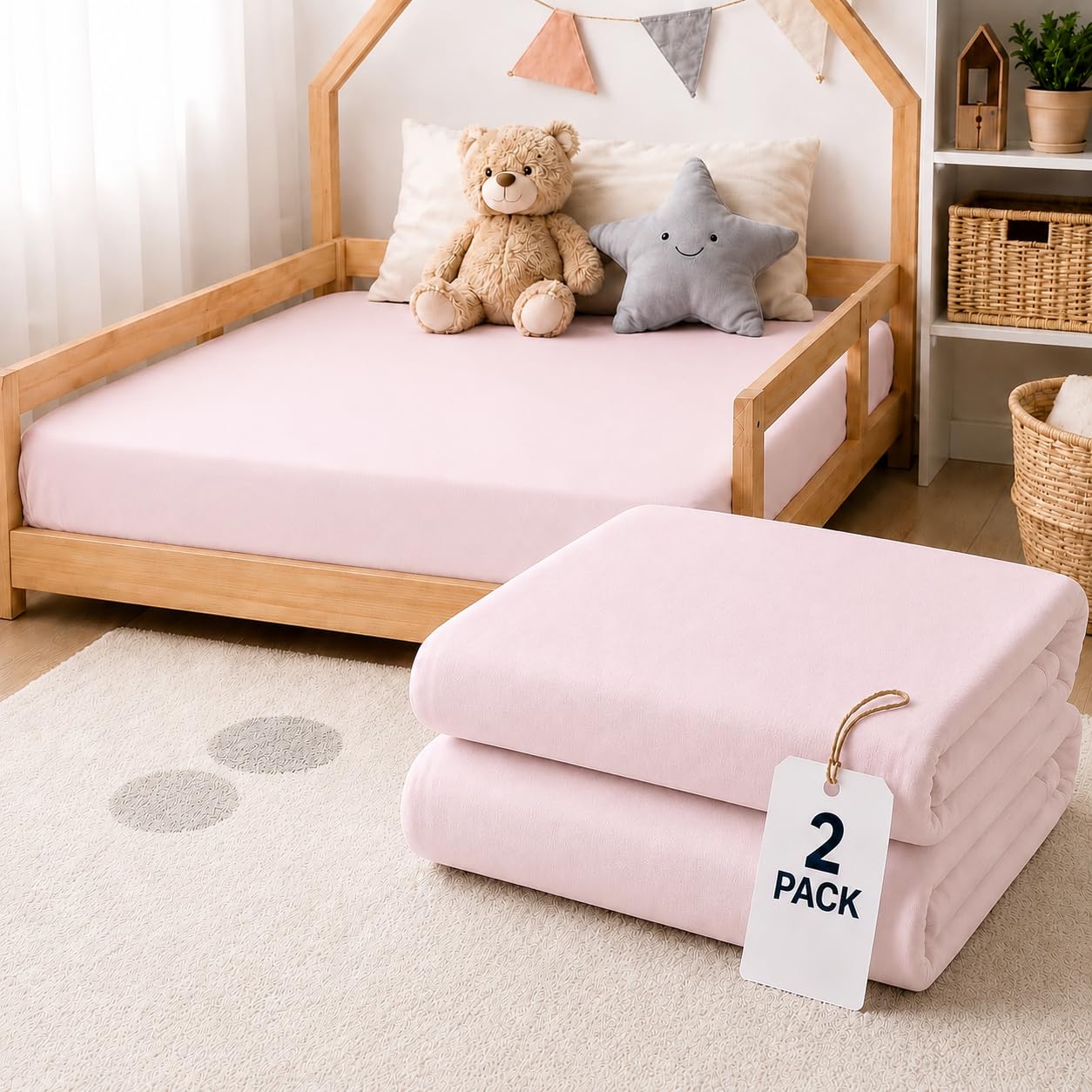 BABYMAM 2 Pack Jersey Fitted Sheet 160 x 80 cm, Breathable, 100% Cotton Soft Stretch Fitted Bed Sheet, Elasticated All Around for Toddler & Junior Bed (Pink)