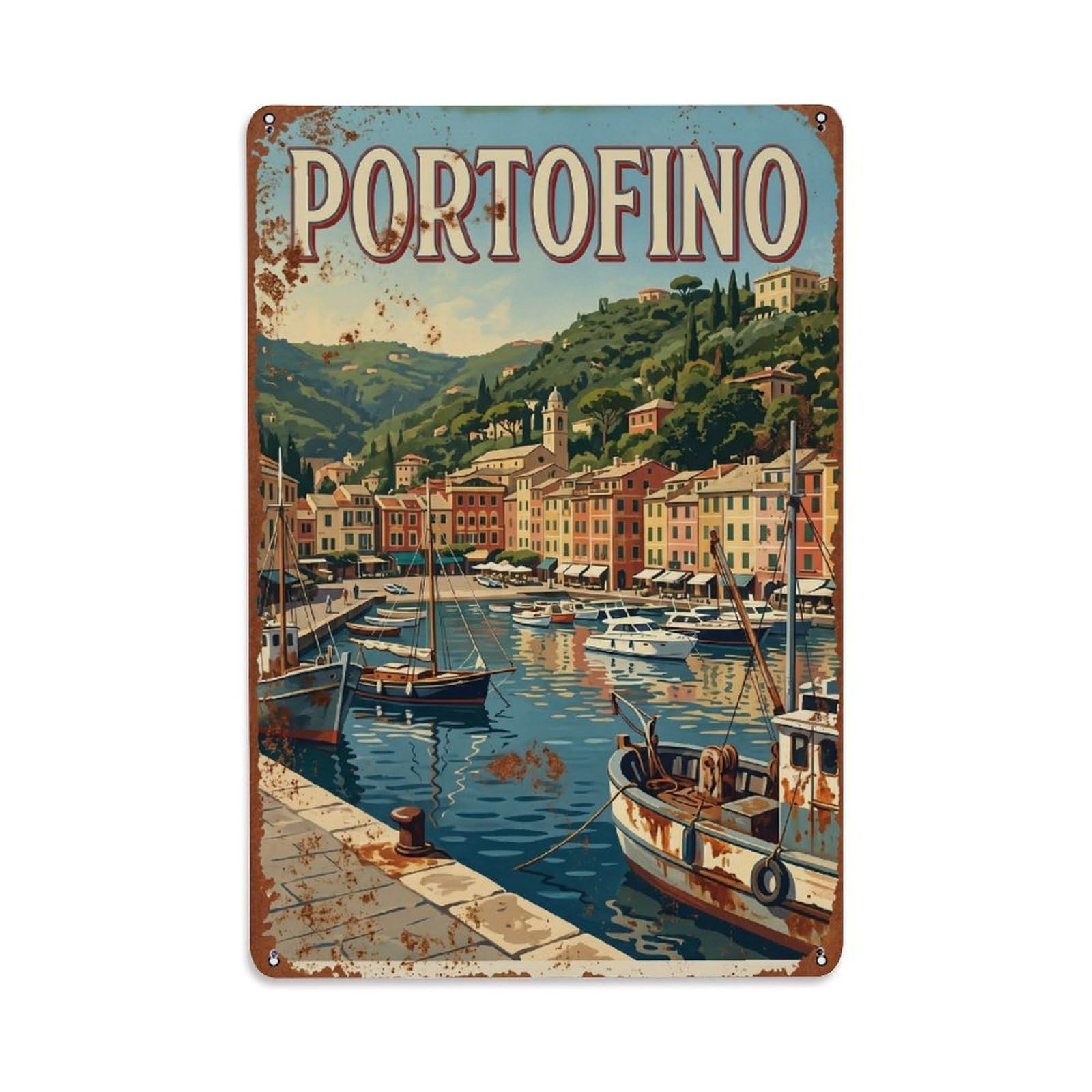 Vintage Travel Portofino Italy Metal Tin Sign Wall Decor for Cafe, Club, Garden Metal Poster 8x12Inch