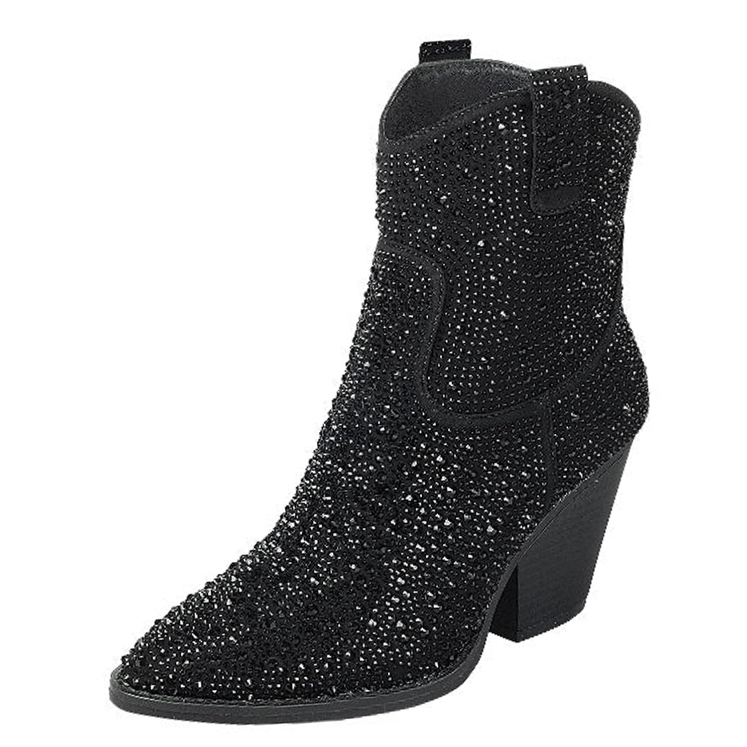 Forever Womens Rhinestone Block Heel Ankle Boots River-01 Black 10