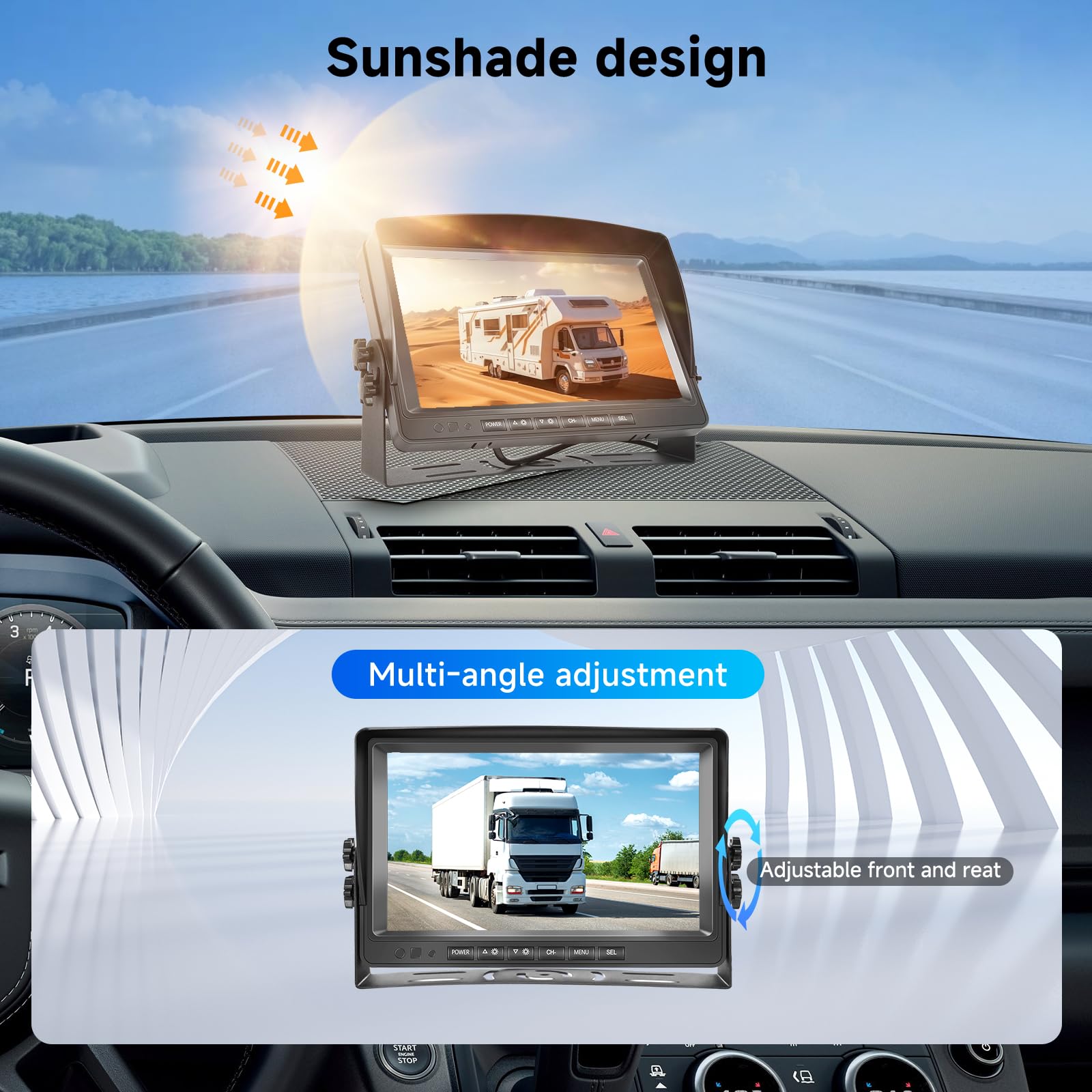 Caméra de Recul pour Voiture avec 2 Caméras AHD, Moniteur LCD 9 Pouces, Étanchéité IP69, Vision Nocturne, Câble 10m+10m, Compatible avec Pick-up, Camions, Petits Camping-Cars, Camping-Car DC12V-35V