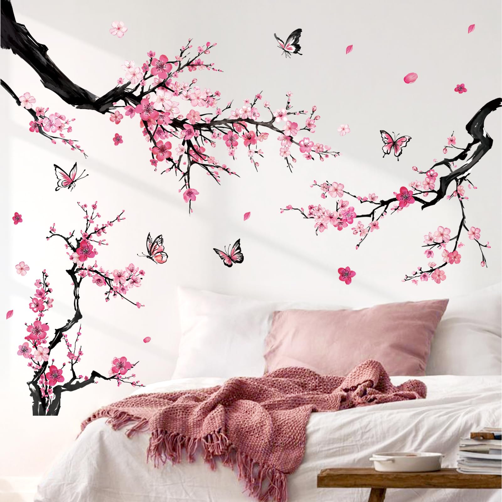 FUFUQUARE Pink Plum Blossom Floral Wall Stickers Removable Flower Branch Birds Wall Decals Peel and Stick Decor for Living Room Bedroom Nursery