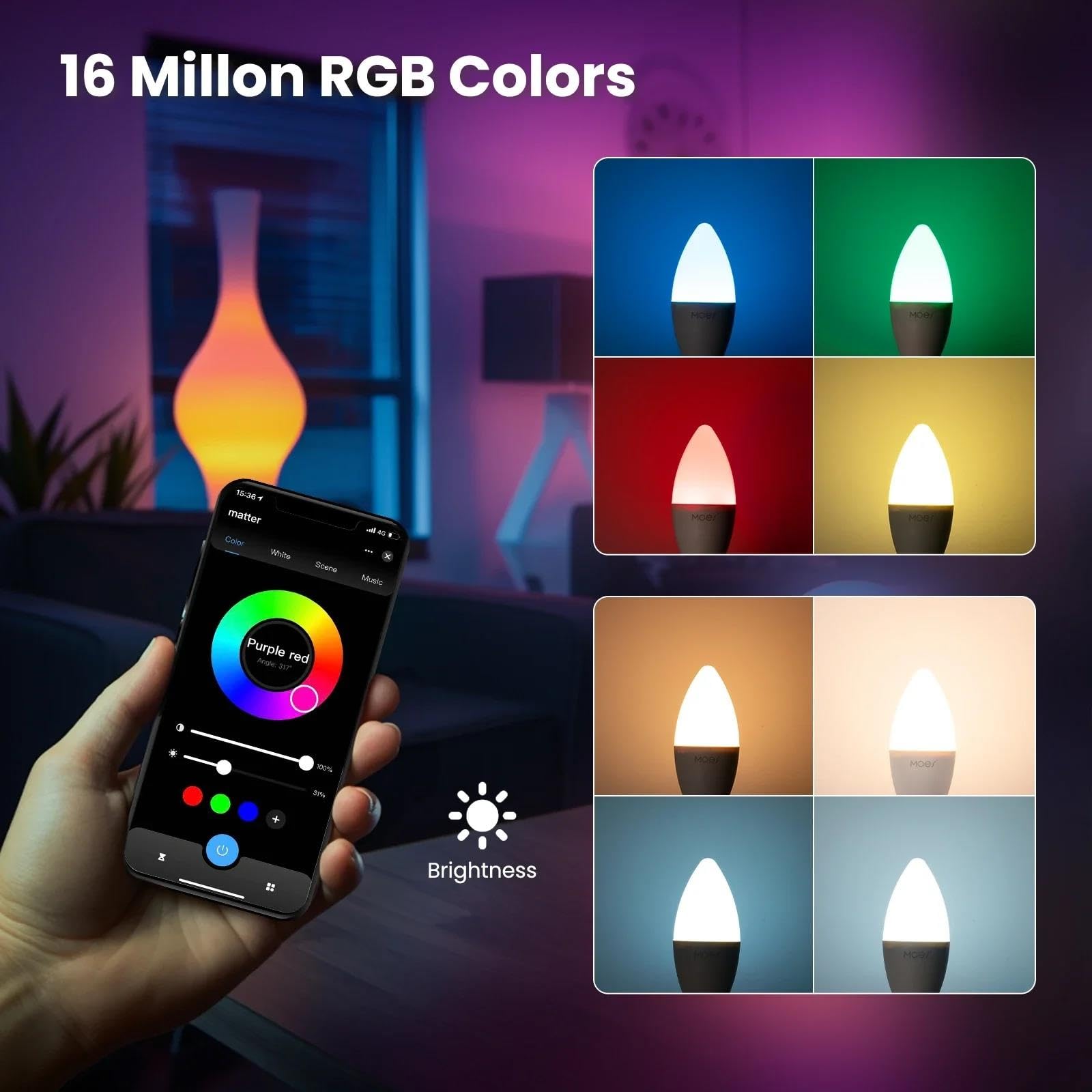 Lampadina Intelligente Tuya WiFi Dimmerabile LED 16 Milioni di Colori RGB Lampada A Candela E14 Controllo Vocale Alexa Google Home,4pcs