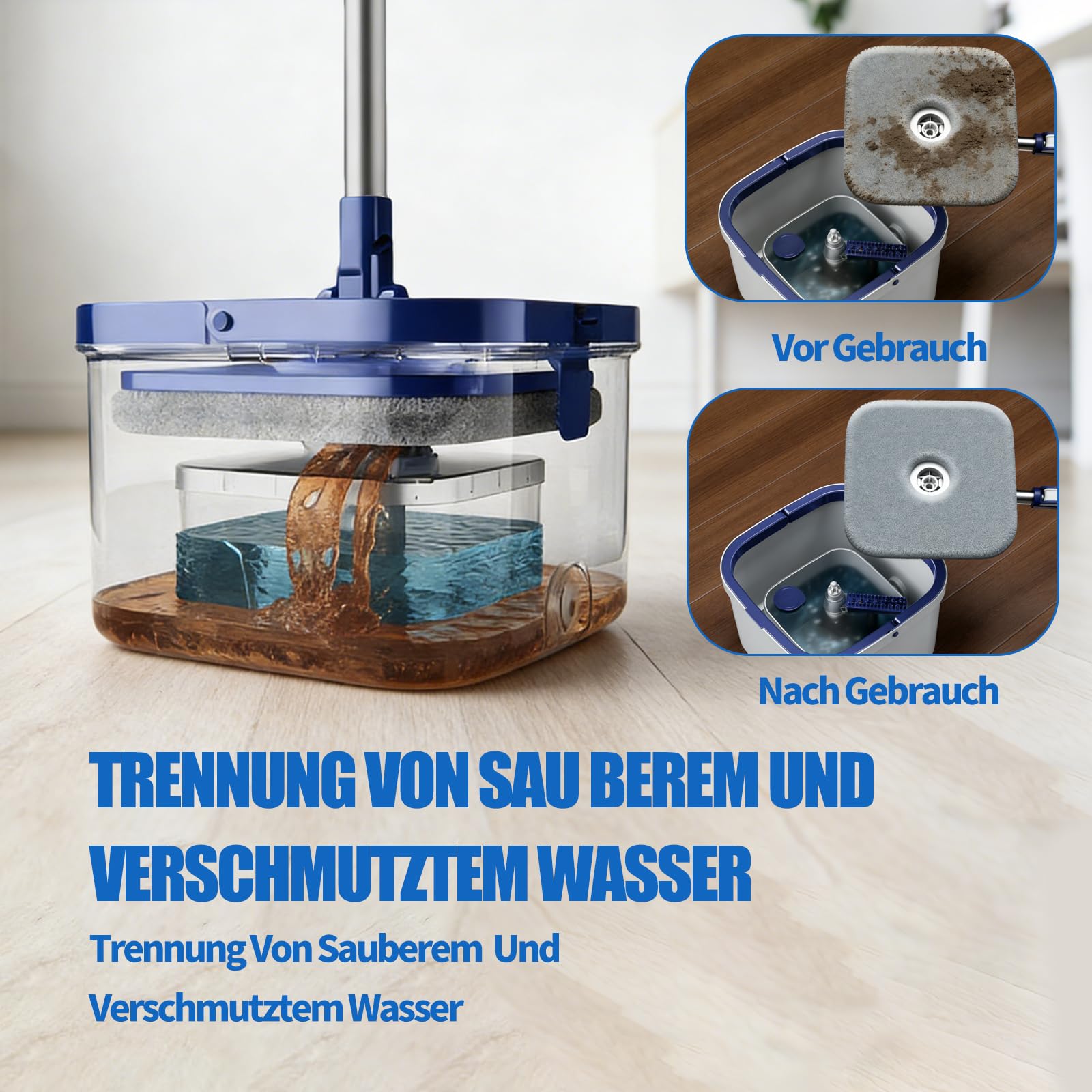 W&H Wischmopp Set mit Eimer,2-Kammer-System mit Auswringfunktion, Trennung von Frisch und Schmutzwasser,Bodenwischer mit 2 Mikrofaserbezügen für alle Bodenarten