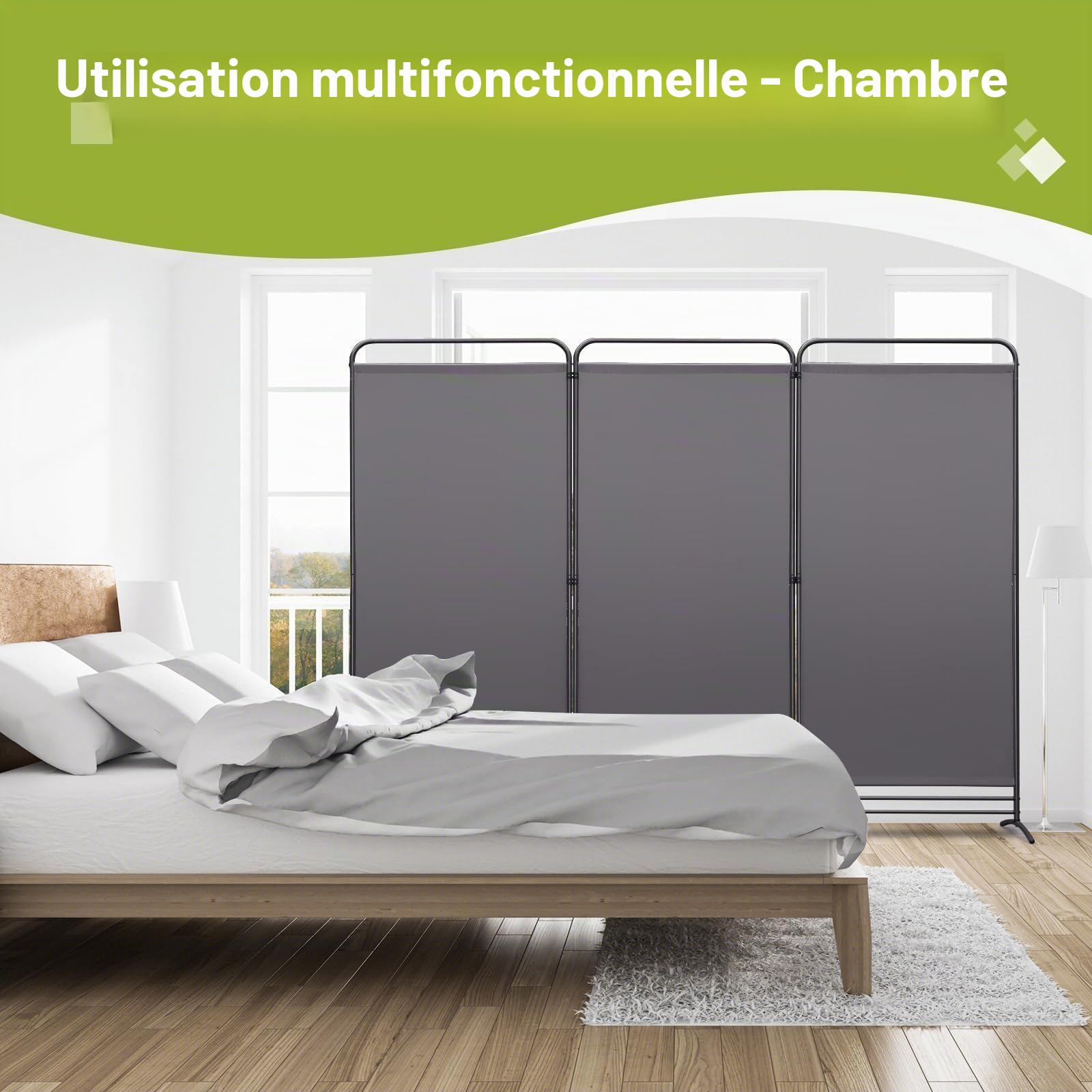 Angel Living Paravent 3 Panneaux Pliable Diviseurs de Chambre Séparateur de Panneaux Indépendant Paroi de Séparation Murale Séparation Visuelle pour Bureaux, Chambre à Coucher, 180 x 243cm (Gris)