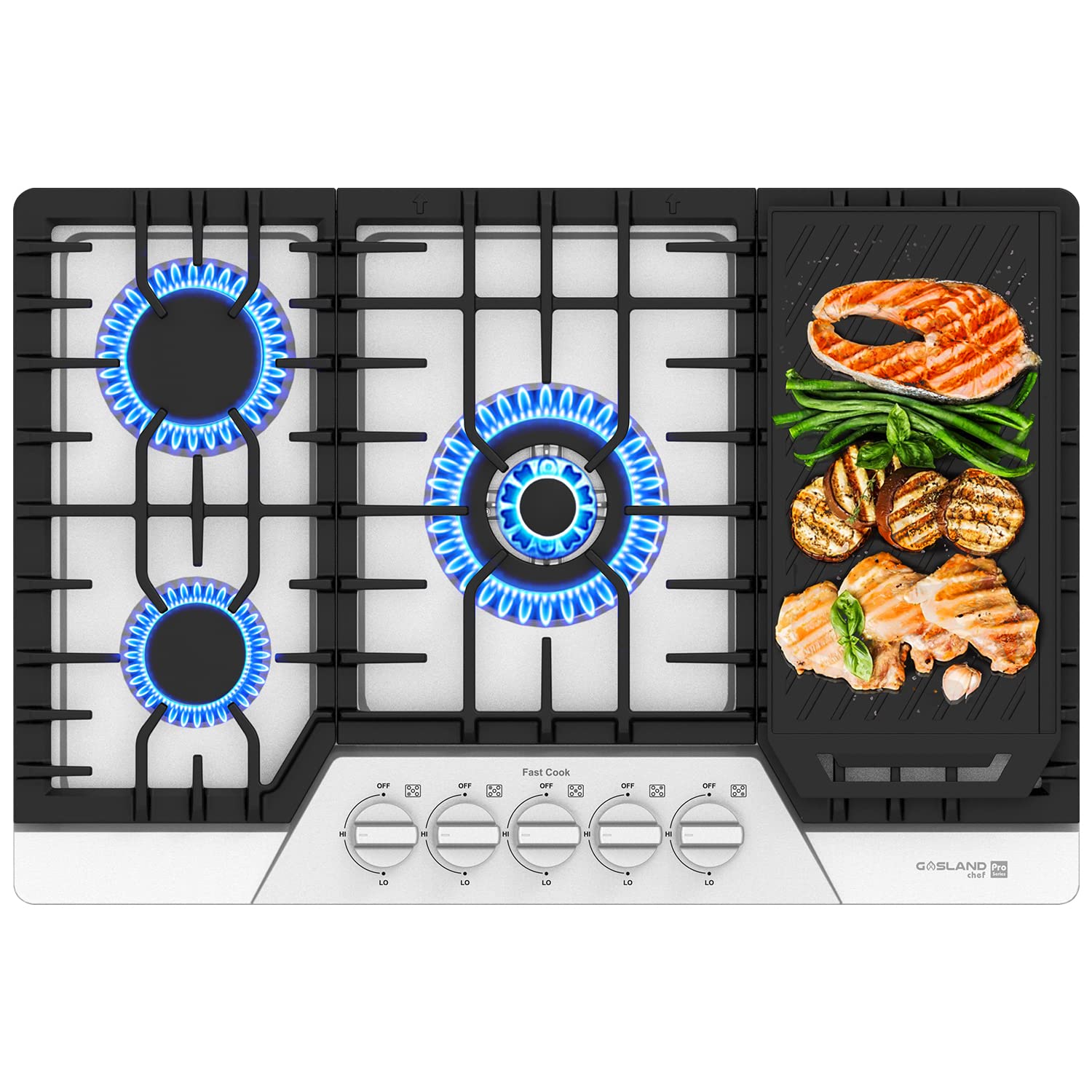 30 Inch Gas Cooktop, GASLAND Chef PRO GH3305SF 5 Burner Gas Stovetop with Reversible Cast Iron Grill/Griddle, Gas Countertop Plug-in, NG/LPG Convertible Gas Cooktops, Stainless Steel