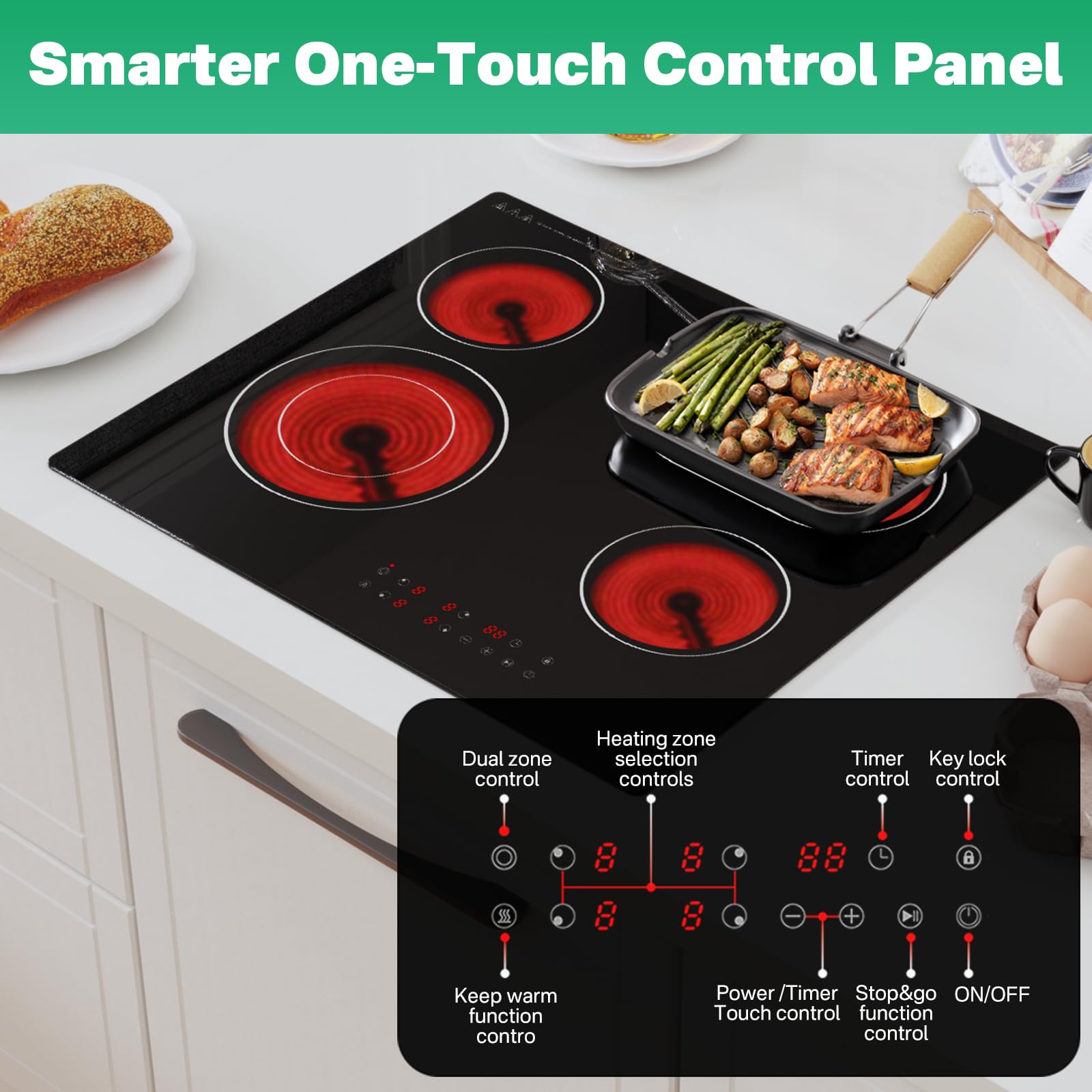 4-Zone Electric Ceramic Hob 6700W, Built-In Touch Control Cooktop, Universal Cookware Compatibility, Black Glass, Timer, Child Lock,Touch Control Electric Ceramic Cooktop — view 8