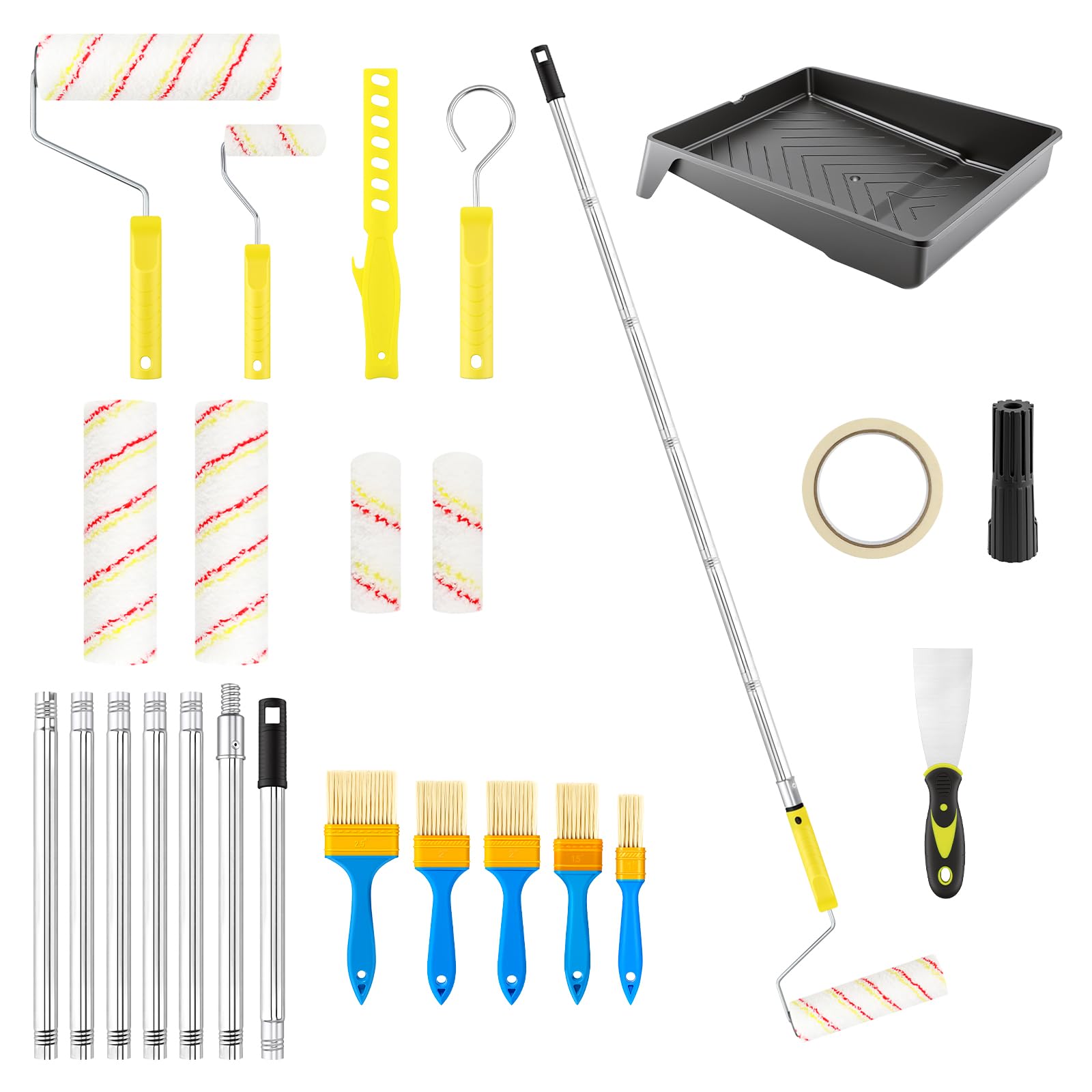 Lot de 20 rouleaux de peinture avec tige d'extension de 210 cm et plateau, pinceau, kit d'outils de peinture pour murs, plafonds, portes, abris de jardin