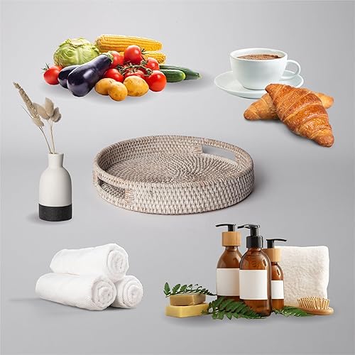 Miniatura 6 de Bandeja redonda de ratán de 14 pulgadas, moderna bandeja tejida con asas para mesa de comedor, sala de estar, decoración de patio, elegante bandeja