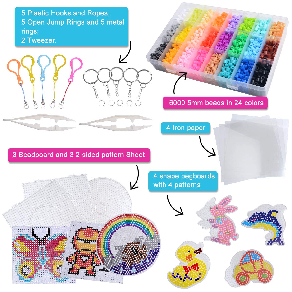 MAOOY Iron Beads Kit Melty Beads Arts and Crafts Pearler Set for Kids 6000 pcs 24 Colors 5mm