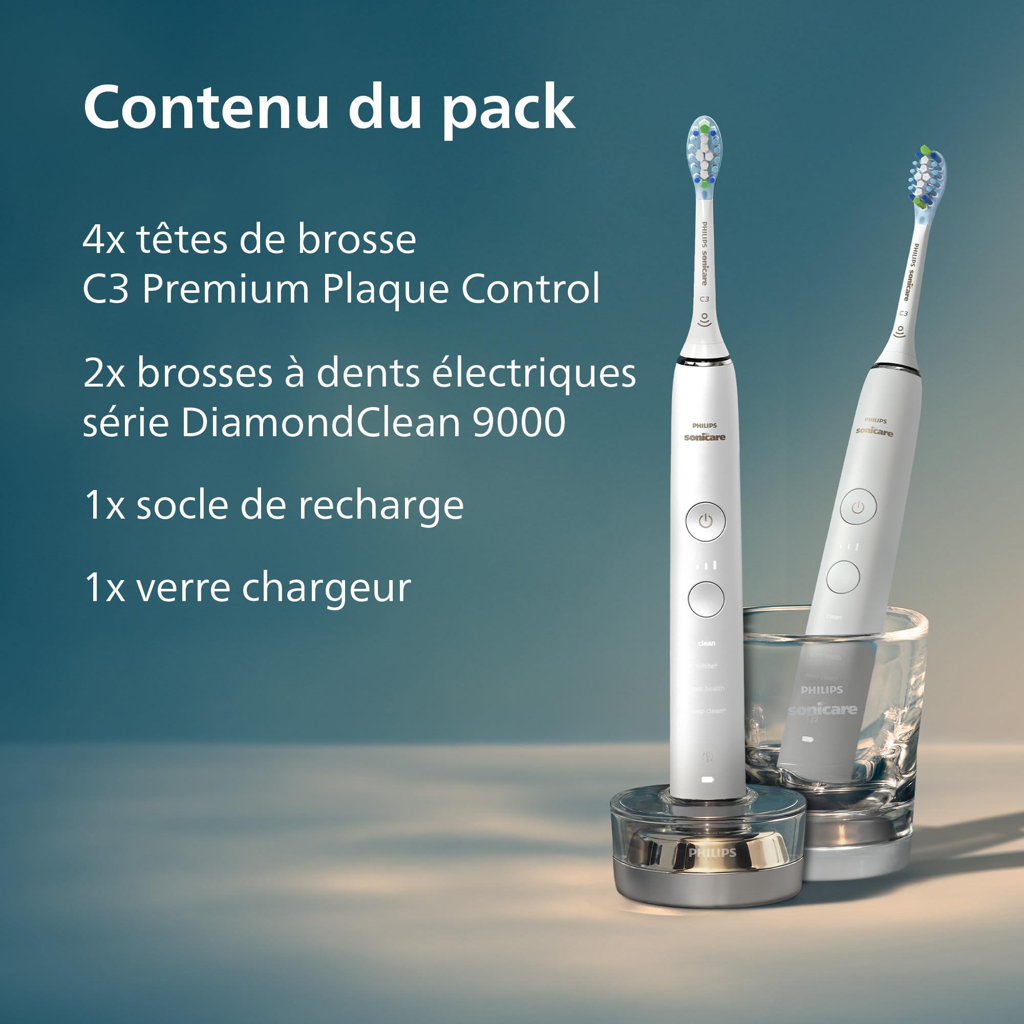 Philips Sonicare DiamondClean 9000 - Brosse à dents électrique avec application, capteur de pression, verre de recharge, blanc, lot de deux, modèle HX9914/62