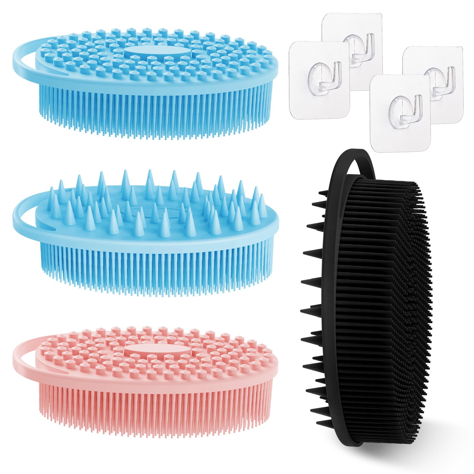 GEENOA Soft Silicone Body Scrubber 4PCS, 2-in-1 Bath & Shampoo Brush with Dual-Side Usage, Hygienic Silicone Loofah Shower Scrubber for Gentle