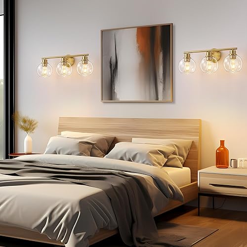 Miniatura 9 de Lámparas de baño, 3 luces doradas de baño, aplique de pared industrial sobre el espejo, lámpara de tocador de baño con pantallas de cristal, luces
