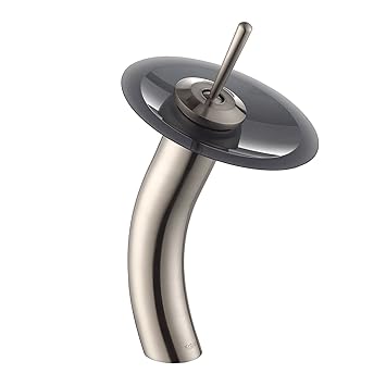 Kraus KGW-1700SN-BLFR Single Lever Vessel Glass Waterfall Bathroom Faucet Satin Nickel with Black Frosted Glass Disk