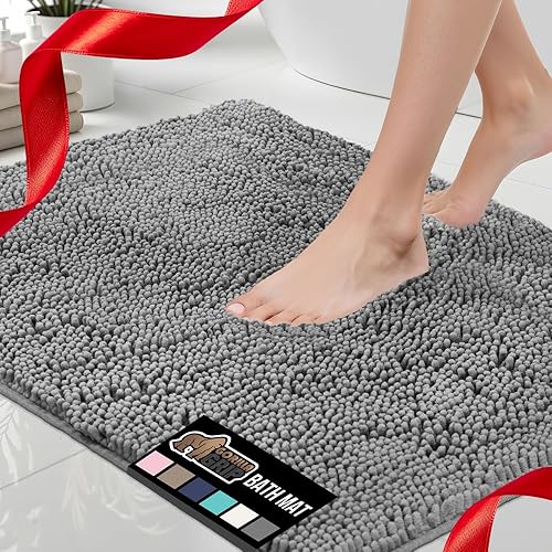 GORILLA GRIP Bath Rug Mat, Thick Soft Absorbent Chenille, Quick Dry Microfiber Mats, Rubber Backing Washable Shower Floor Rugs, Bathmat Runner, US Designed Bathroom Home Decor Accessories 24x17, Grey
