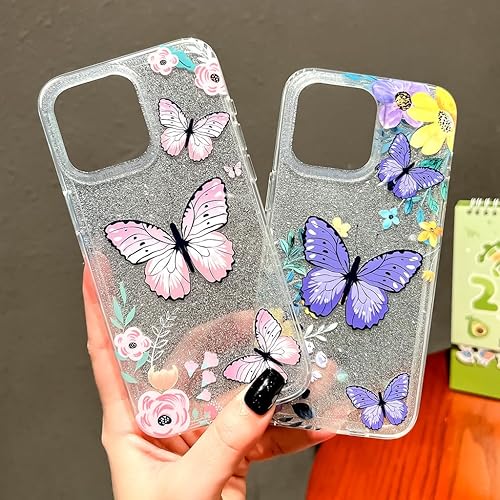Miniatura 4 de BANAILOA Funda compatible con iPhone 14 Pro Max con diseño de mariposas para mujer, diseño de flores con purpurina de lujo, funda protectora delgada