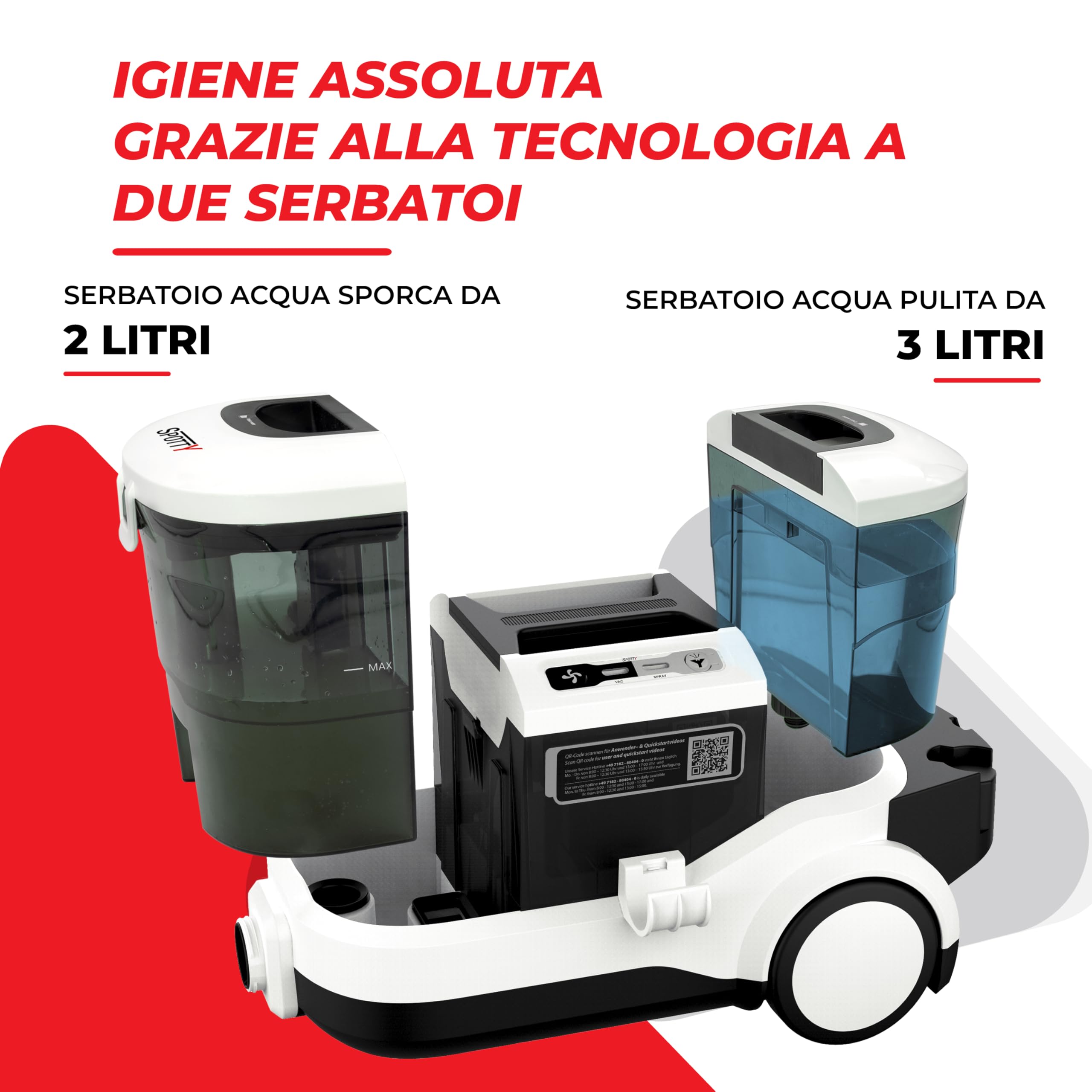SPOTTY lavatappeti e divani con potenza di aspirazione di 170 mbar per una pulizia profonda di tappeti, tappezzeria, peli di animali, auto e pavimenti duri | Pulitore igienico per tappeti [67 dB]