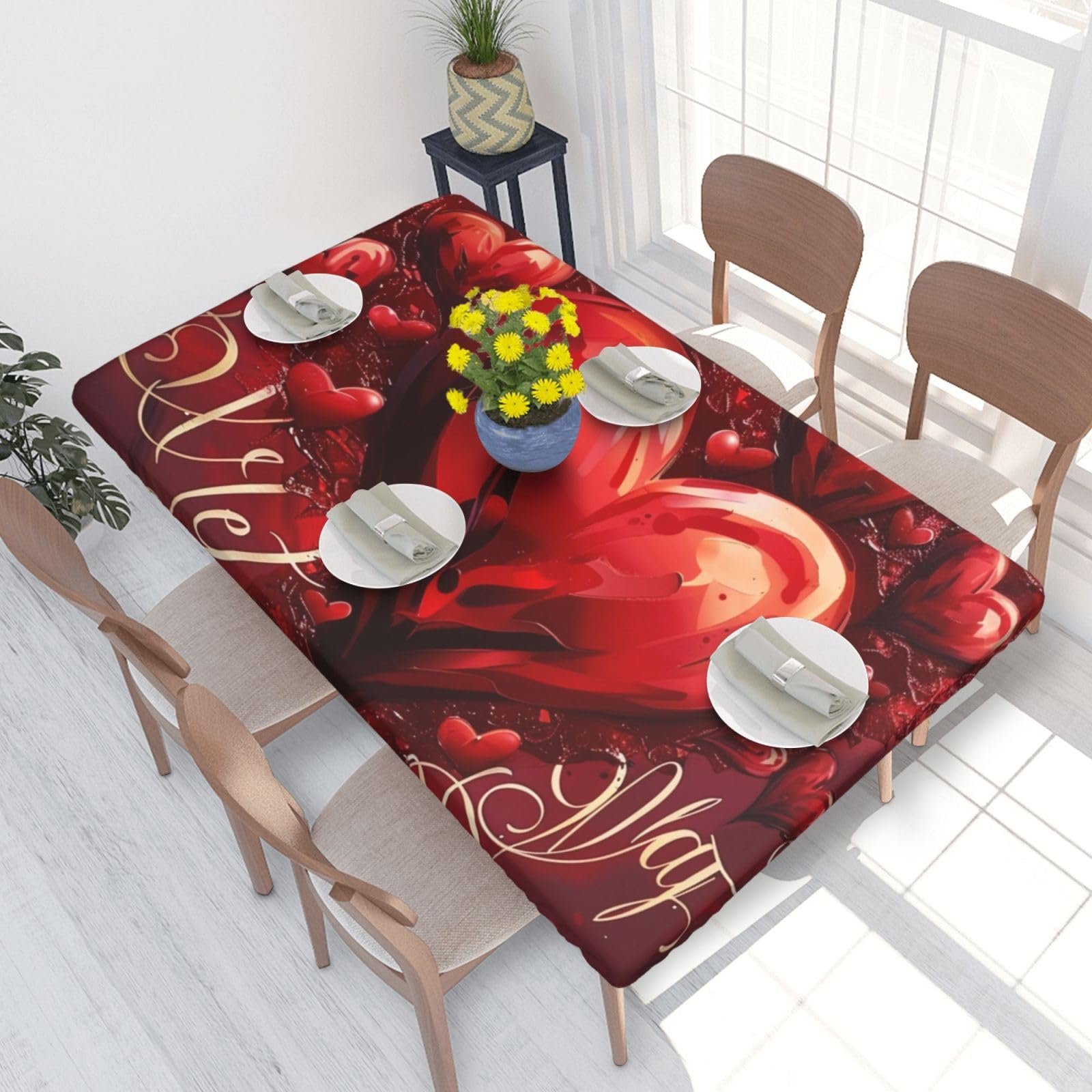DCARSETCV Romantic Printed 4FT Waterproof Tablecloth with Elastic Edged Protect & Decor Your Table, Oil-proof Washable Table Cloth Cover for Dinner Picnic Party