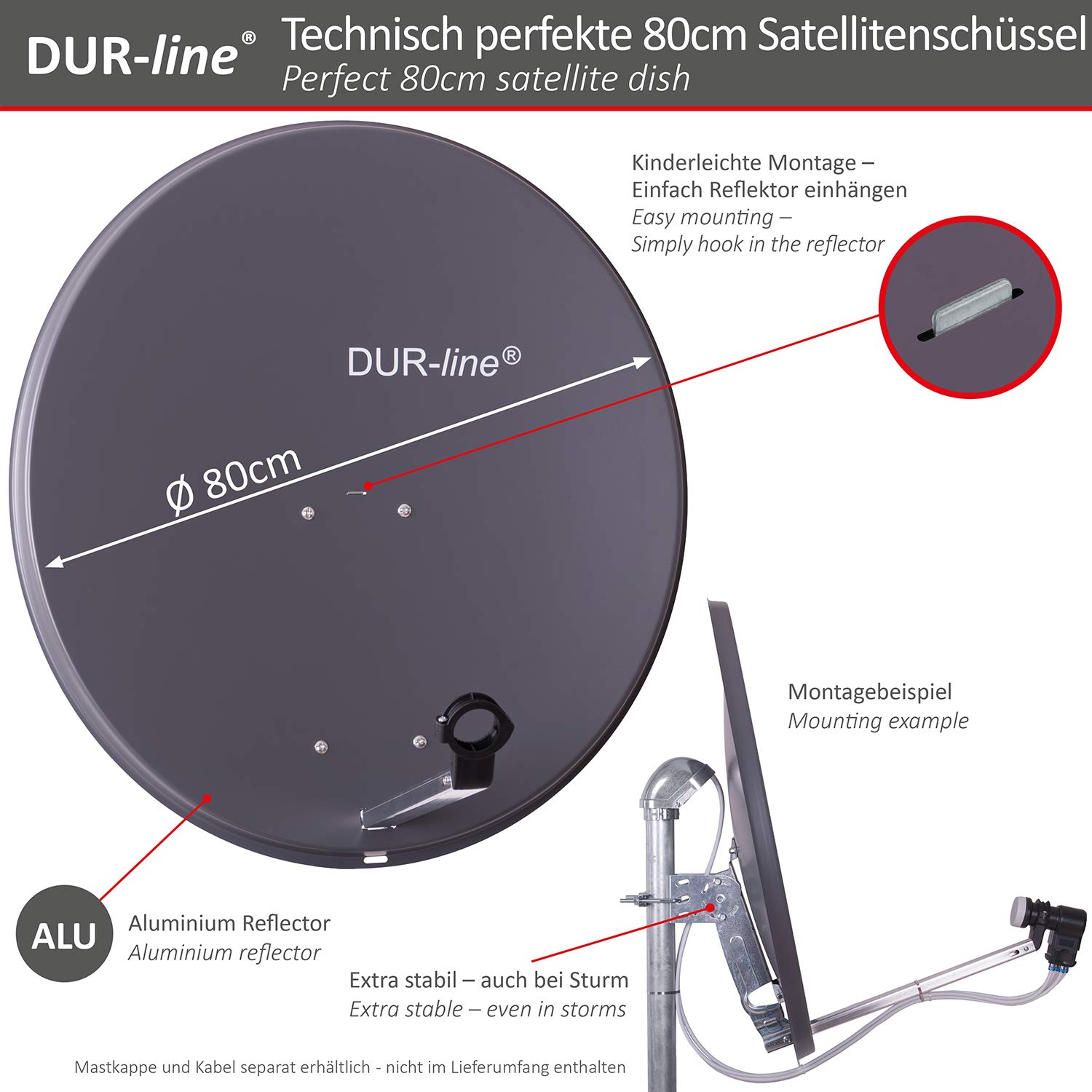 DUR-line MDA 80 Anthrazit - Digiatale 4 Teilnehmer Satellitenschüssel Komplett-Anlage mit +Ultra Quad - LNB [Camping, Astra 19,2°, DVB-S/S2, Full HD, 4K, 3D]