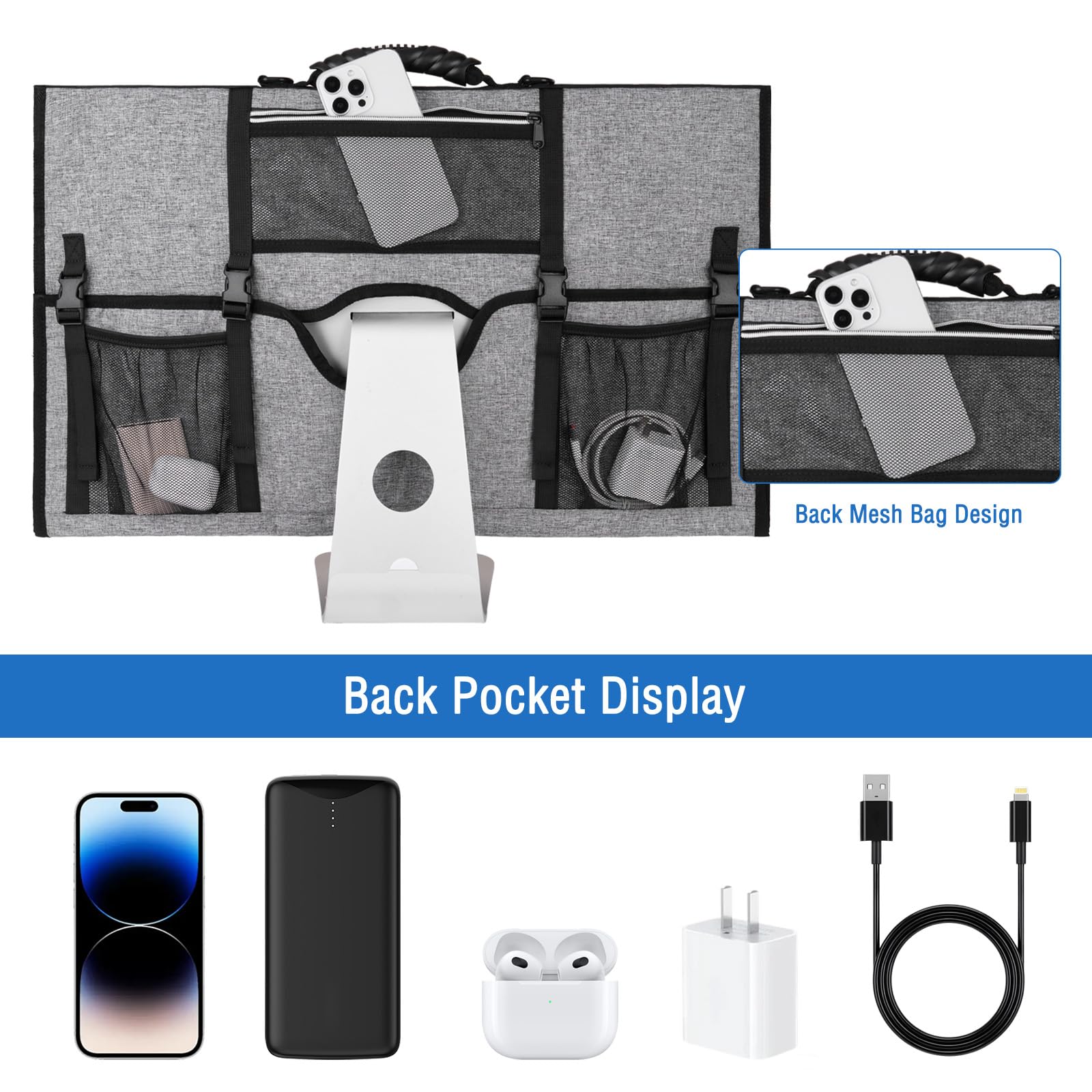 MOSISO Monitor Tragetasche, 27 Zoll Gepolsterte Monitor Reisetasche, Schutzhülle für Computer Monitore mit Verstellbarem Schultergurt & 3 Taschen für 27 Zoll Monitore, Grau