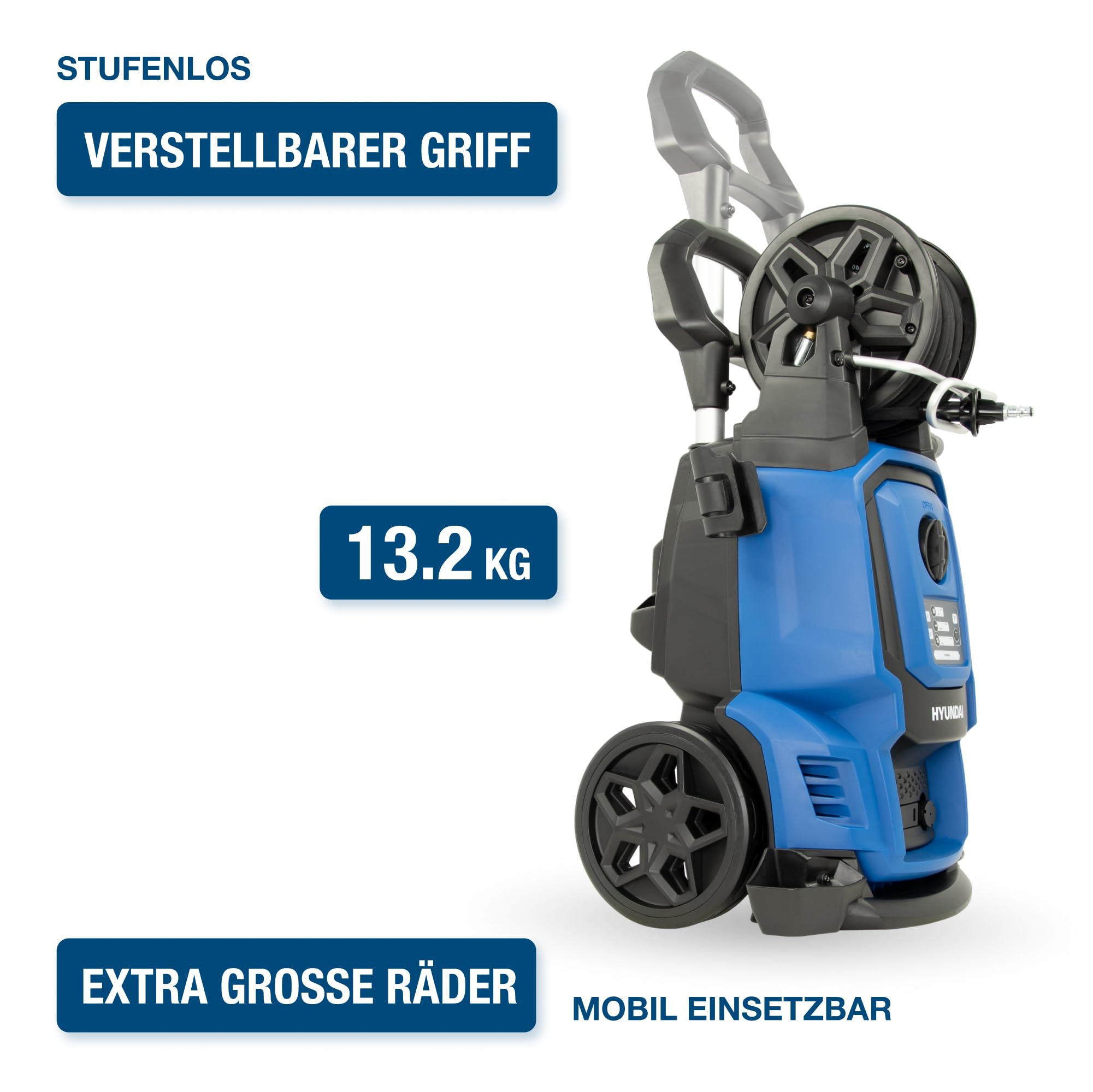 HYUNDAI Hochdruckreiniger HPW2400CRE, max. 195 bar - 450 l/h, 2400 W, EL.-Control, verdreh-sicherer 10m Schlauch, verstellbare Düse, rotierende Turbodüse, Seifenflasche