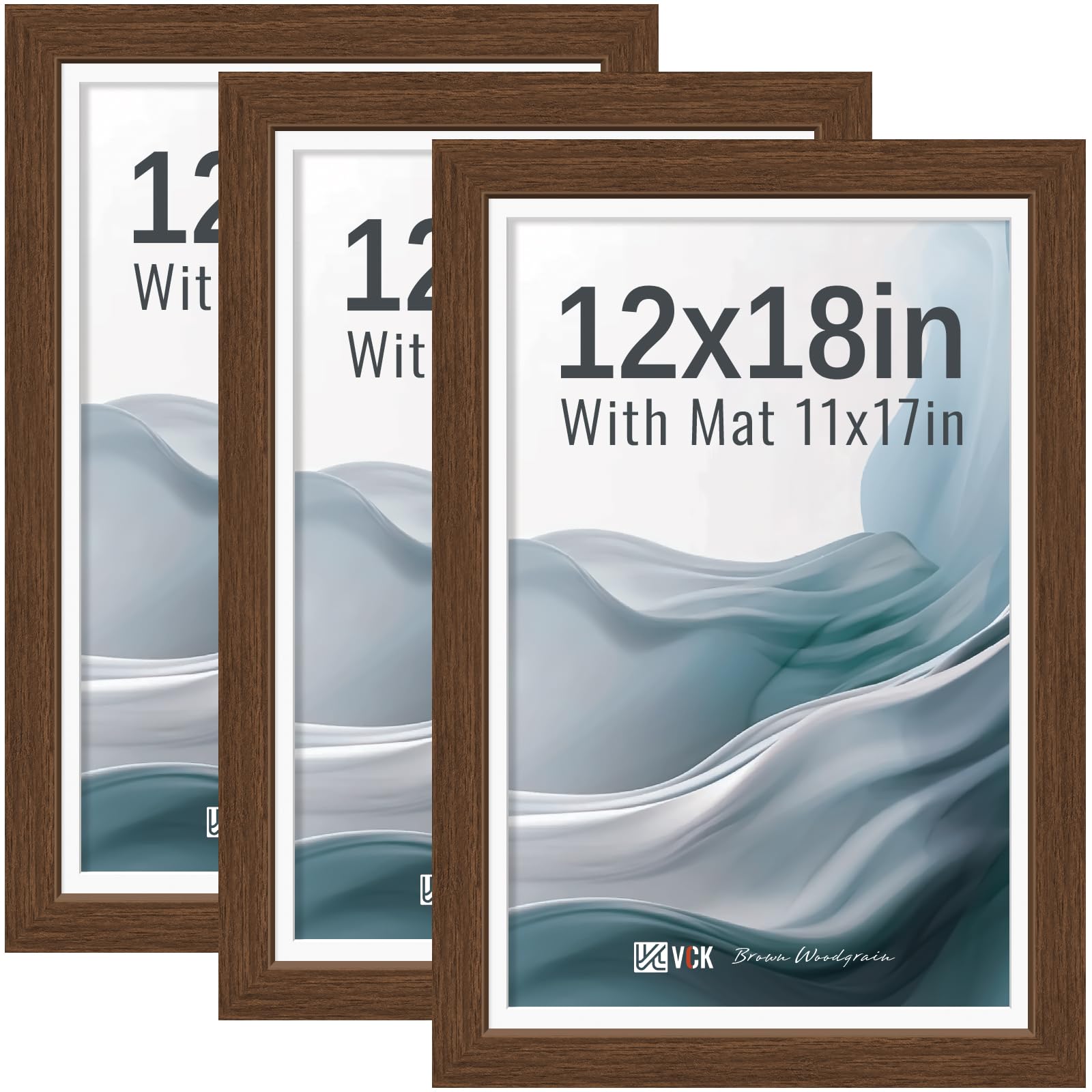 VCK 12x18 Picture Frames Brown 3 Pack, Wide Border Wood, Tempered Glass, Display 11x17 Photo with Mat or 12 x 18 without, for Home, Office, Gallery, Woodgrain Series, Wall Hanging