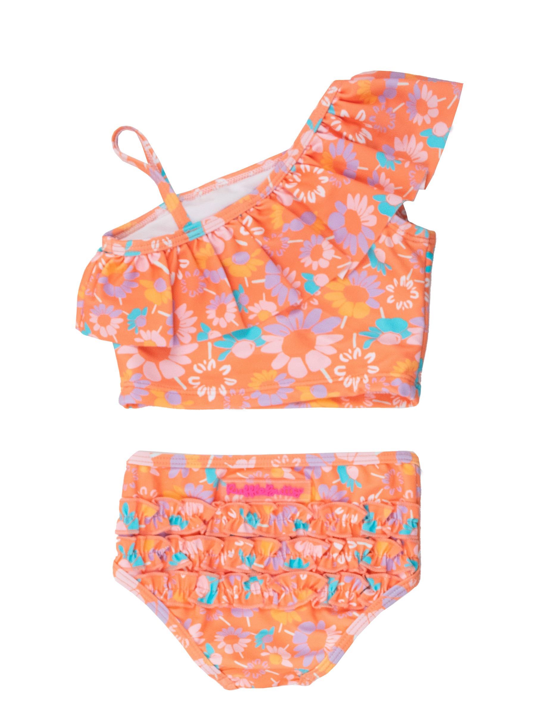 RuffleButts Girls UPF50+ Sun Protection One Shoulder Ruffle Tankini Two Piece Swimsuit - Coral Floral, 6