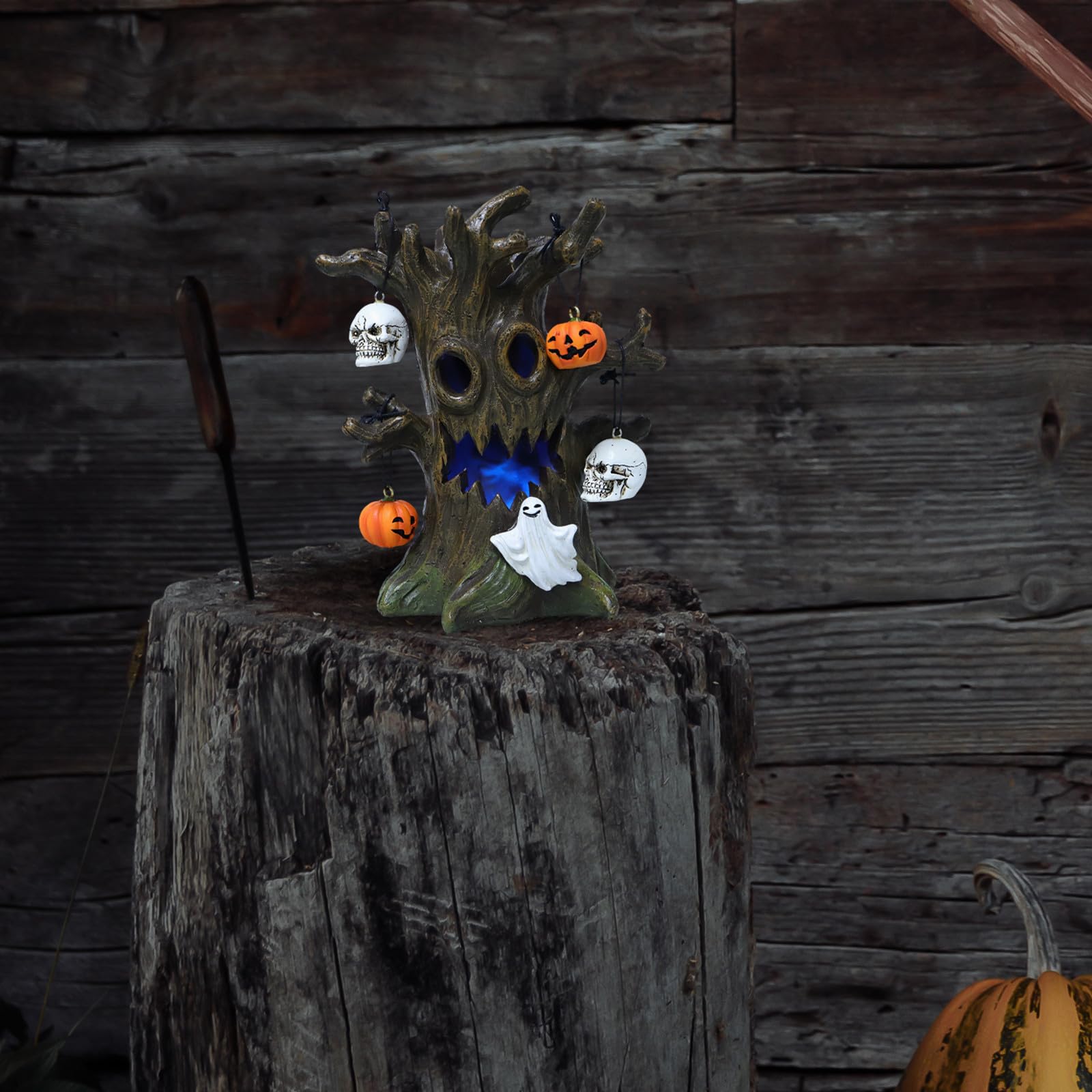 Kichvoe Decorazione di Halloween in Resina Teschio, Zucca e Albero Luminoso, Atmosfera Spettrale la Casa, per Addobbi Festivi Interni e Tavoli