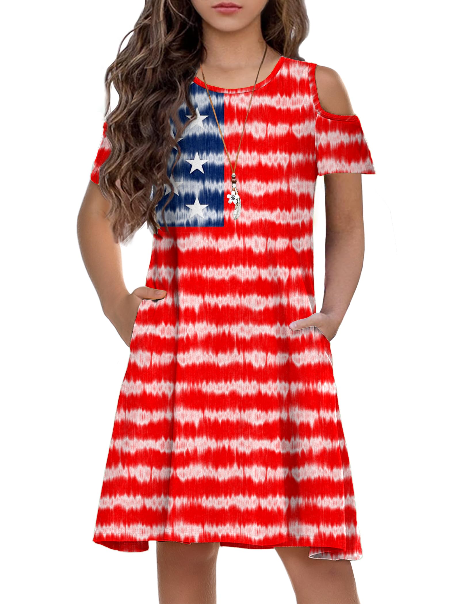 Arshiner Girls Summer Dress Short Sleeve Cold Shoulder Solid Color Swing Casual Dresses with Pockets