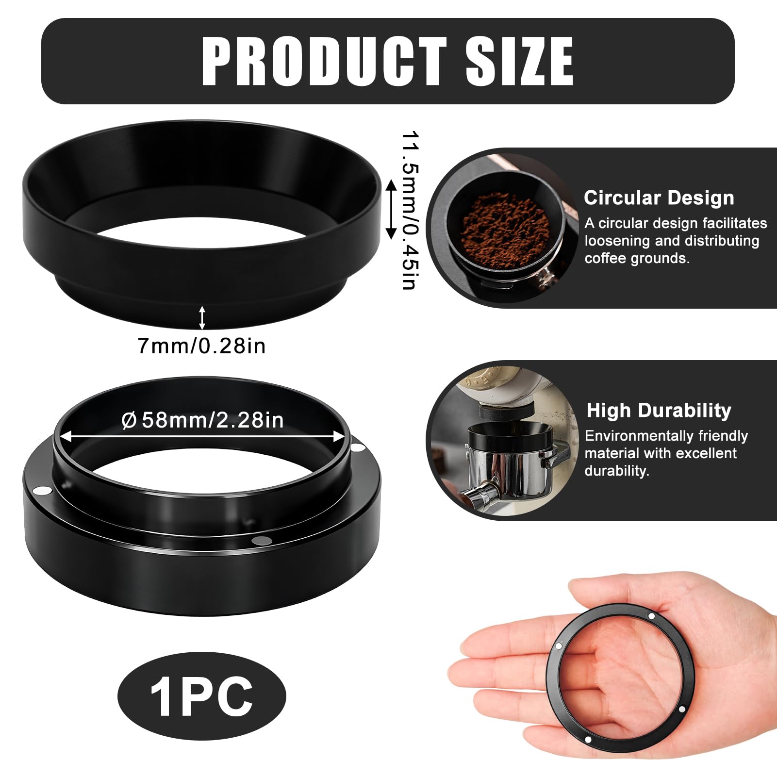 Diseño 2 en 1: Dosificación y nivelación: Coffee dosing ring 58mm más que un simple anillo, su diseño optimizado le permite dosificar el café y, al retirarlo, nivelar suavemente la superficie del café