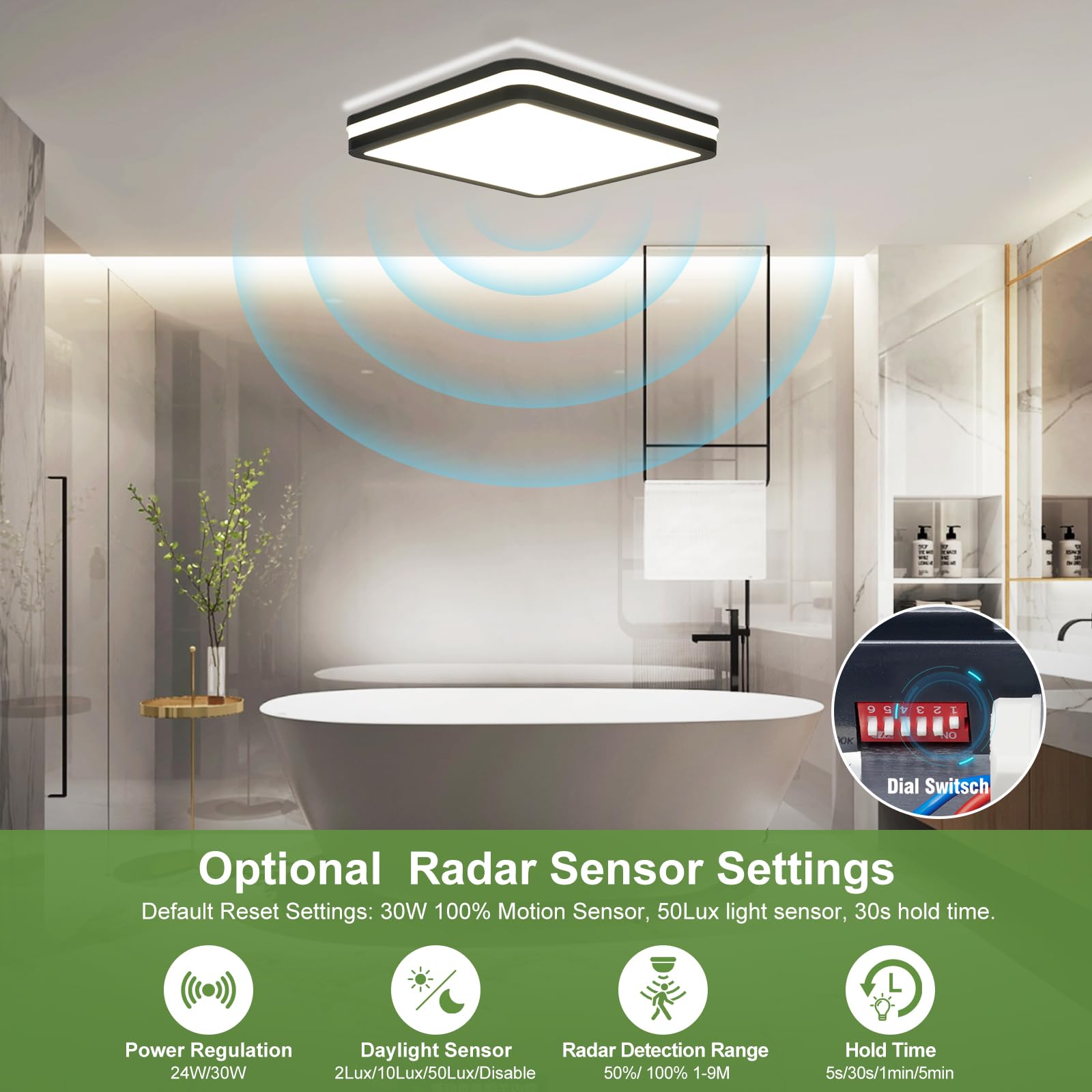 LEZOE IP65 Imperméable Plafonnier LED avec Capteur de Mouvement, 24W/30W 4500lm 150(Lm/W) Etanchard 3000K/4000K/6500K Idéal pour salle de bain, garage, escaliers, couloir, balcon 26x26cm Gris