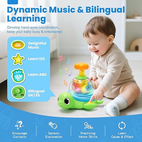 Miniatura 5 de Juguetes para bebés de 6 a 12 meses, prensa musical de gateo para girar y brillar, juguete de tortuga para niños de 1 año, causa y efecto,
