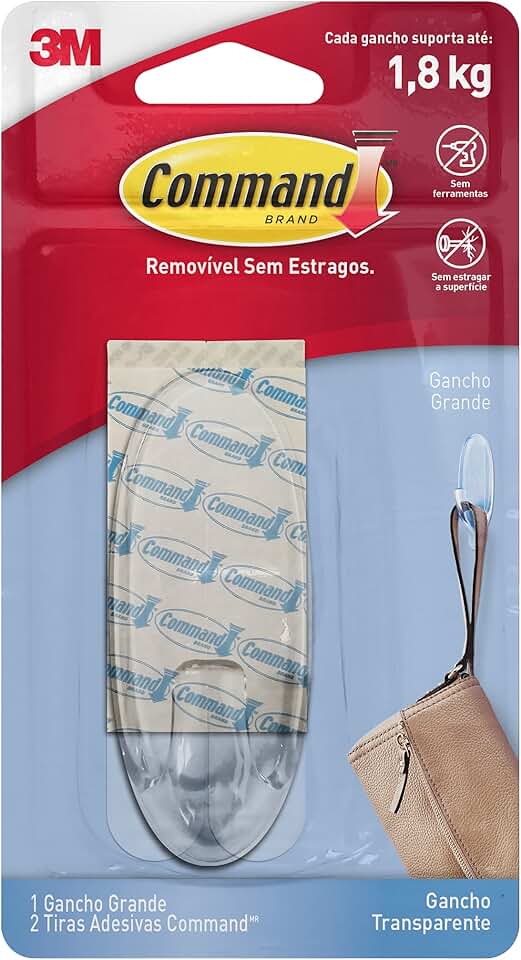 Command, 3M, Gancho, Adesivo Removível sem Estragos, Transparente, Grande, 1 Unidade