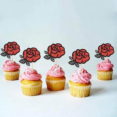 Miniatura 10 de Keaziu 24 piezas de rosas para cupcakes, rosas rosas rosas y verdes, diseño de doble capa para boda, aniversario, día de la madre, día de San