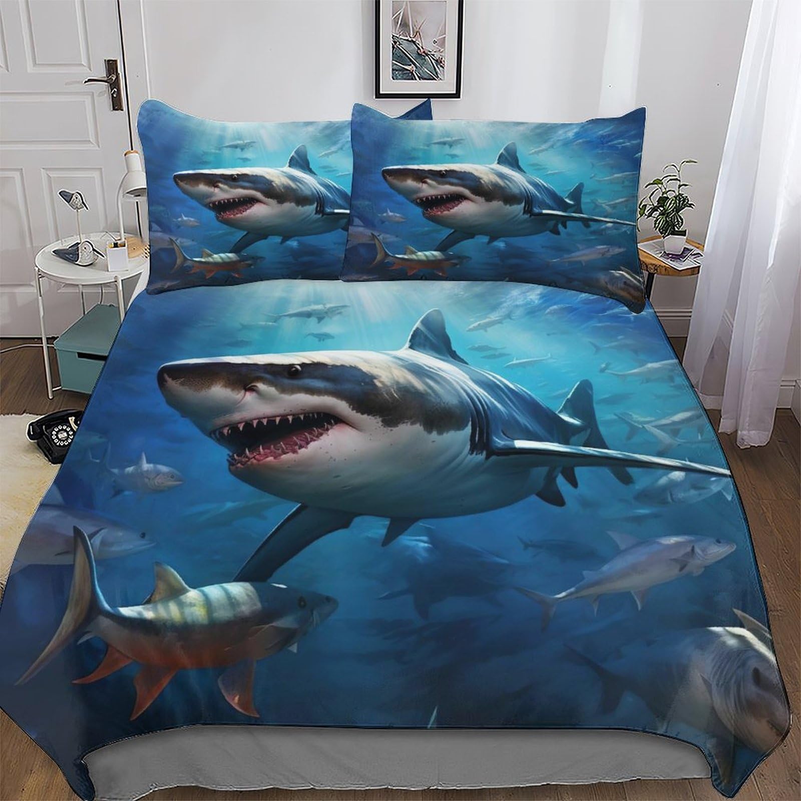 LLXXHH Shark Bedding Sets with Pillowcase Soft Duvet Cover Microfiber 3Pcs Set Quilt Cover for Kids Youth Adult Comforter Cover Double (200x200cm)