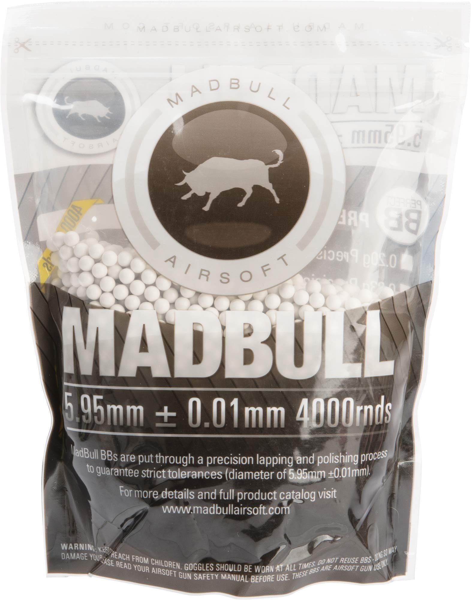 Evike Airsoft - MadBull Premium Match Grade 6mm Airsoft BB (Model: .25g White / 4000rd Bag)