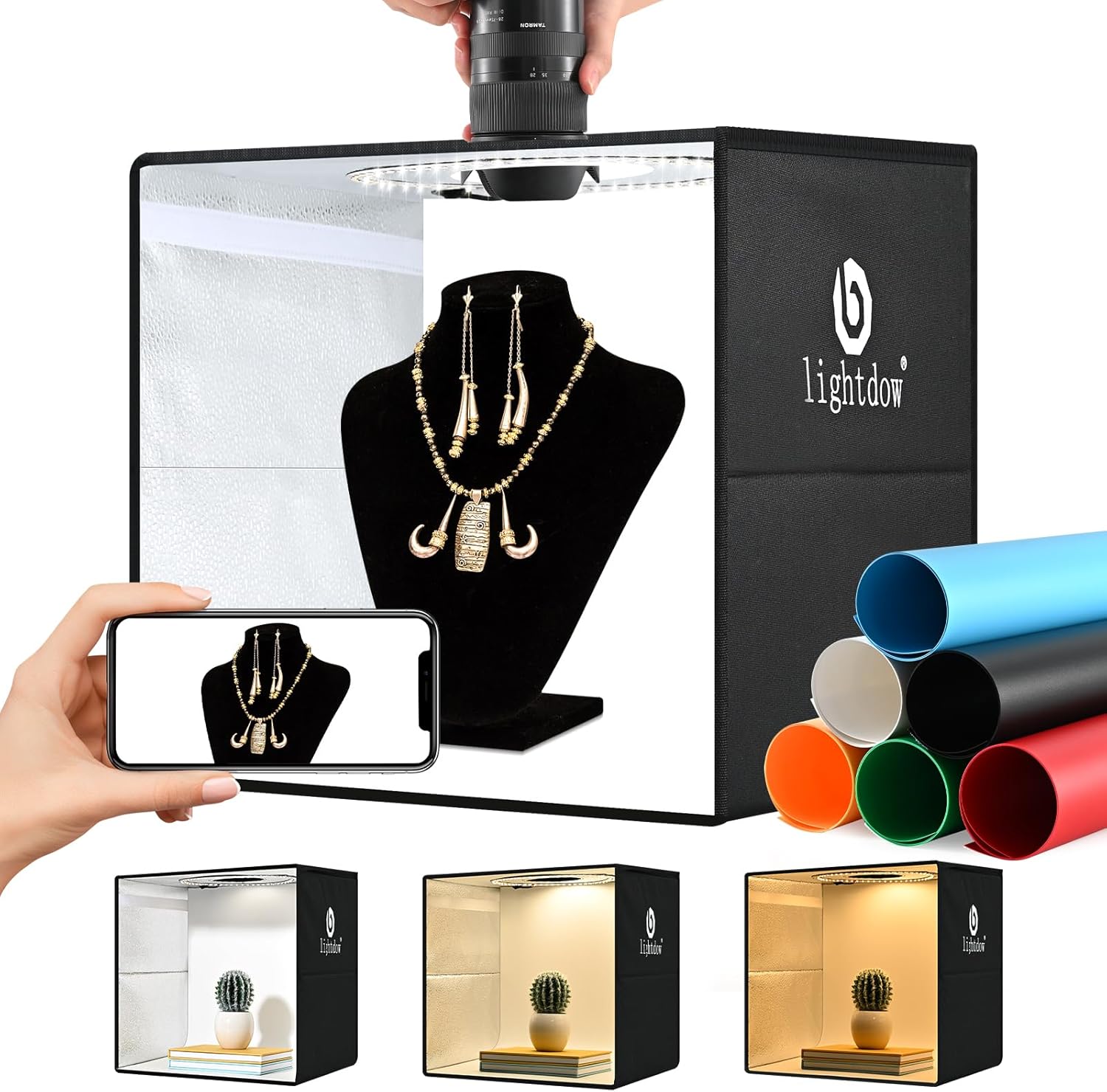 lightdow 16"x16"x12" photo studio light box photography with 120 leds (cri>95), 6 backdrops - portable/dimmable/versatile folding shooting tents for toys/jewelry/watches/cosmetics photography