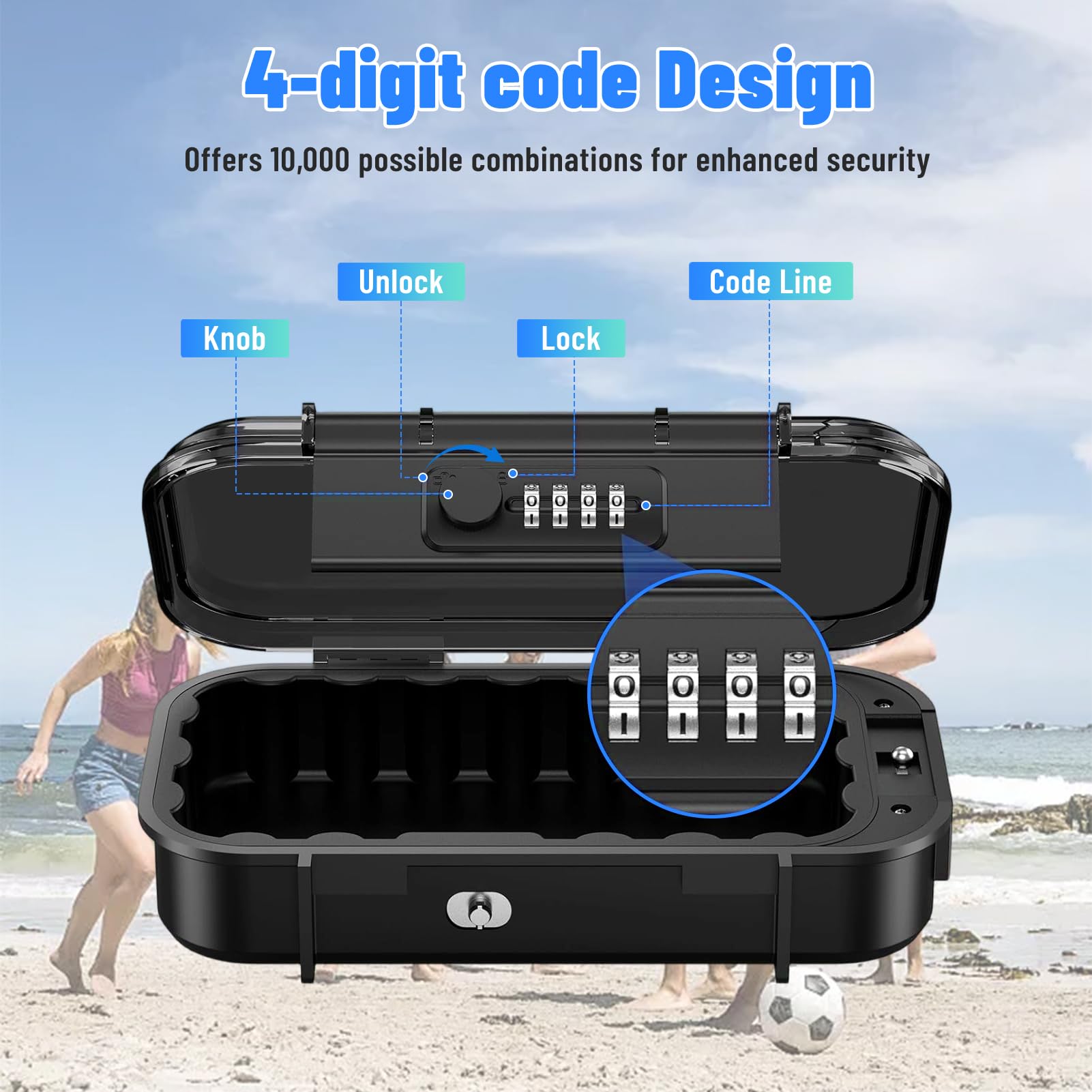 Cassaforte da spiaggia/cassaforte da viaggio/cassaforte con serratura a combinazione a 4 cifre, impermeabile, antifurto, con corda in acciaio rimovibile (trasporto + fissaggio)
