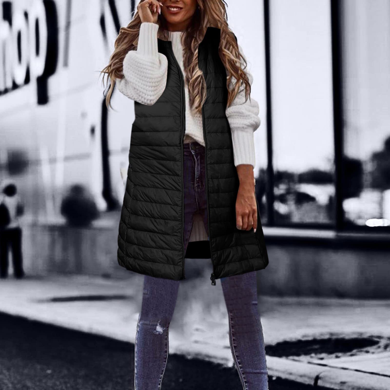 Generisch Chaqueta de invierno para mujer, chaleco de plumón, largo invierno, fino, ligero, abrigo de plumón, abrigo de plumas informal, chaqueta acolchada para exteriores, abrigo de invierno con
