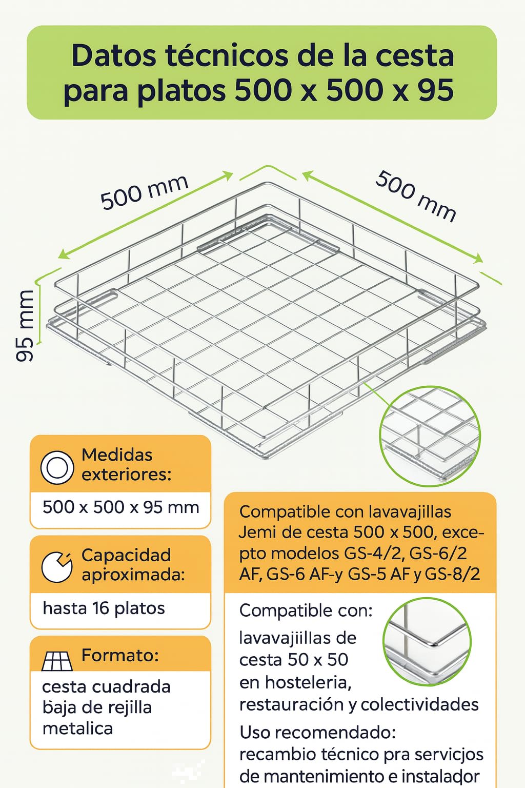 Cesta Platos 500x500x95 Metalica Rejilla Lavavajillas Industrial 50x50 Recambio Profesional Compatible con Jemi hasta 16 Platos Lavaplatos Cocina 3502041