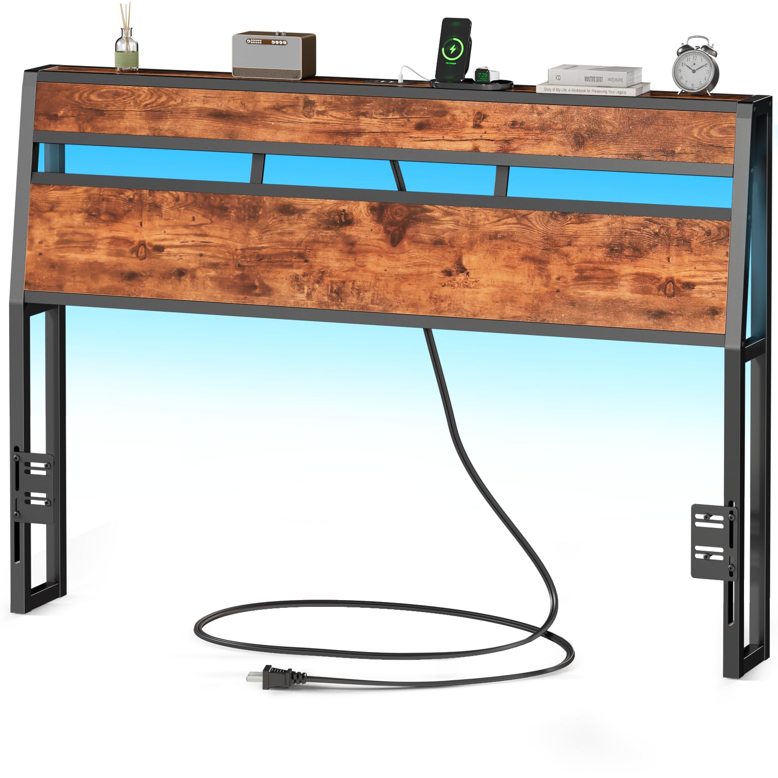 Queen Furnulem Headboard with RGB LED Light,Wooden Head Board Queen Size Buit-in USB Port Charging Station,Ergonomic Backrest Free Standing Frame & Top Storage Shelf, Adjustable Height