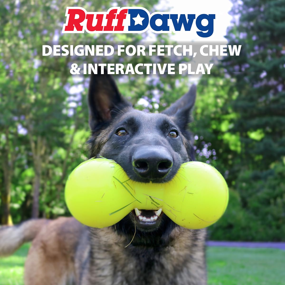 Ruff Dawg Big Dawg Barbell Medium Yellow – Jouet à mâcher robuste en caoutchouc solide pour chiens de petite et moyenne taille de moins de 18 kg – Flotte et rebondit – Fabriqué aux États-Unis