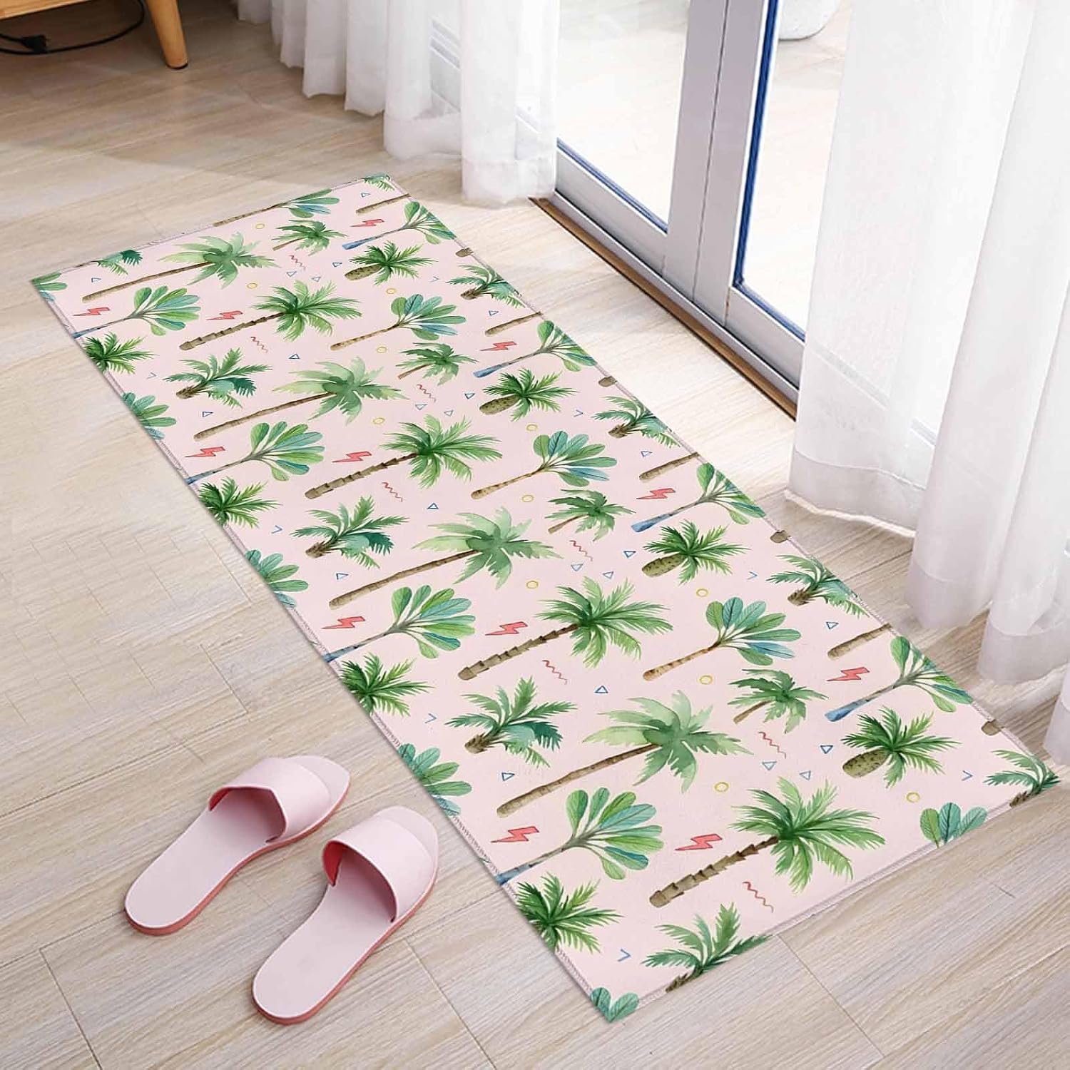 Teamery Kitchen Mats for Floor Tropical Coconut Palm Tree Washable Non Slip Kitchen Rugs 1PCS, Watercolor Plant on Pink Absorbent Standing Mats for Sink Bathroom Office Living Room 15.7x47.2in