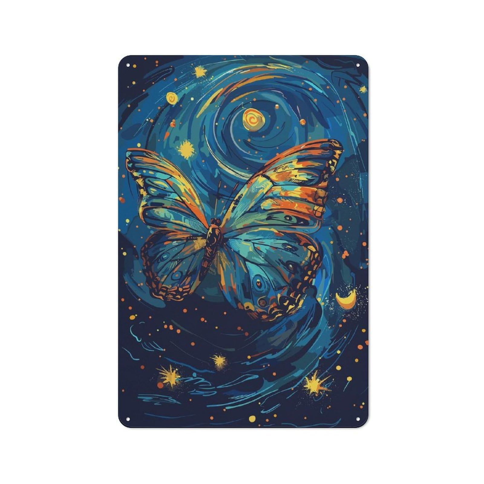 Junmoney Butterfly In A Starry Night Printed Metal Sign 30X20cm For Café Or Restaurant, For Hospitality Interior Collectors