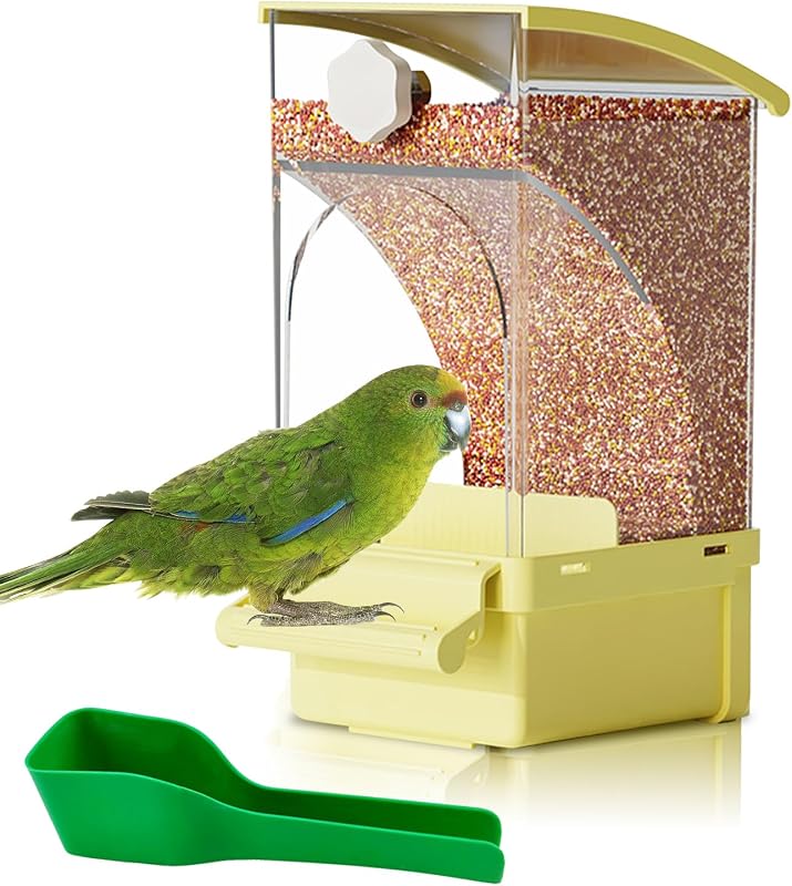 Automatic Bird Feeder No Mess Bird Cage Feeder Transparent Acrylic Parrot Seed Food Container with Perch Cage Accessories for Parakeet Finch Lovebirds Budgies Canary (Yellow)