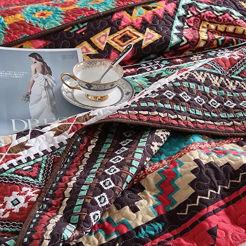 Miniatura 8 de ENASAL Juego de colcha de algodón, reversible, juego de ropa de cama a rayas, rojo y marrón, colcha bohemia, tamaño Queen