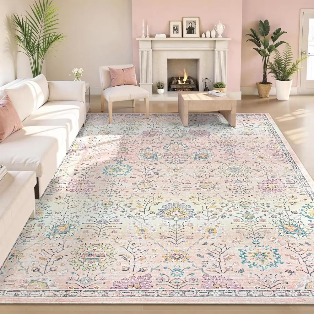 Tapis bohème Rose, 240 x 120 cm, Lavable, pour Chambre ou Salon, Motif Floral Rose poudré Doux, antidérapant.