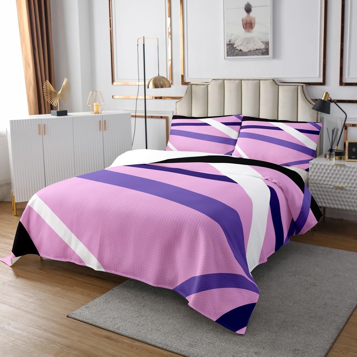 Erosebridal Modern Art Coverlet Set King Size Abstract Bedding Set for Kids Girls Boys Pink Purple Striped Lines Quilted Coverlet Contemporary Minimalist Quilted Simple Fashion