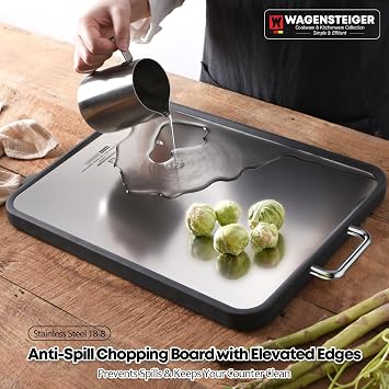 WAGENSTEIGER Stainless Steel Double Sided Chopping Board, Cutting Board, Metal Board Side & Plastic Board Side with Wheat Straw PP Inside, Easy to Clean, designed for precision, hygiene